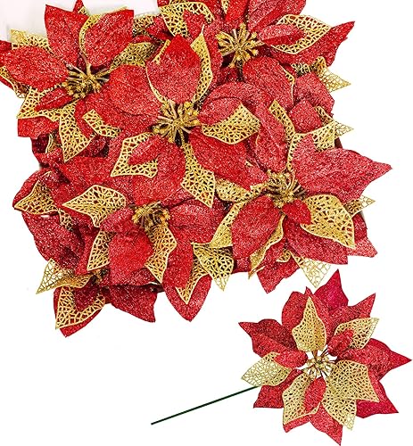 Miniatura 4 de Juego de 14 flores de Pascua artificiales de 8.7 pulgadas de ancho, 4 capas de purpurina metálica roja de Navidad, adornos de árbol de Navidad para