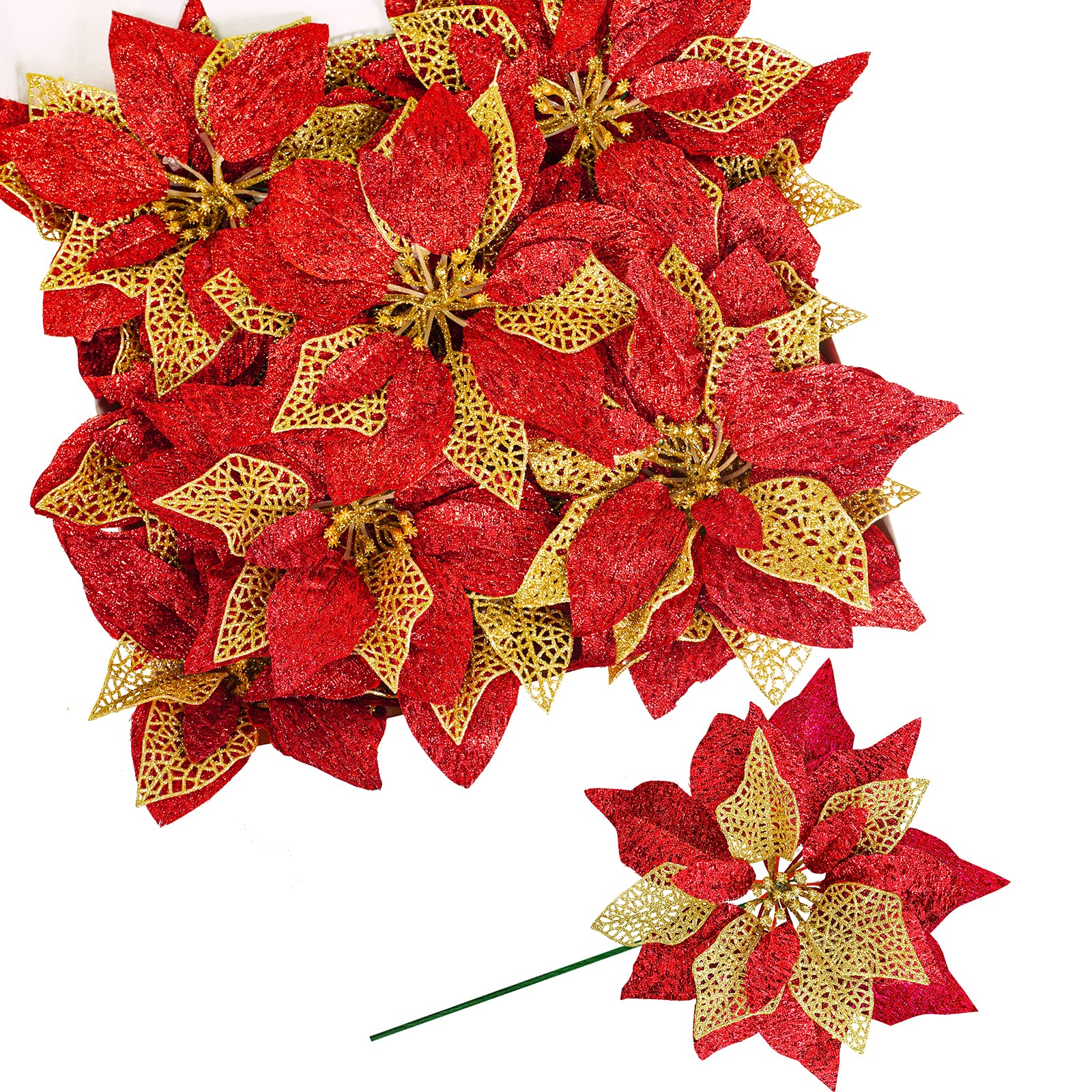 Winlyn 14 Set Weihnachten Rot Metallic Glitzer Künstliche Weihnachtsstern Blumen Picks Weihnachtsbaum Ornamente für rote Weihnachtsbaumkränze Girlande Winter Hochzeit Urlaub Dekoration mit weißer