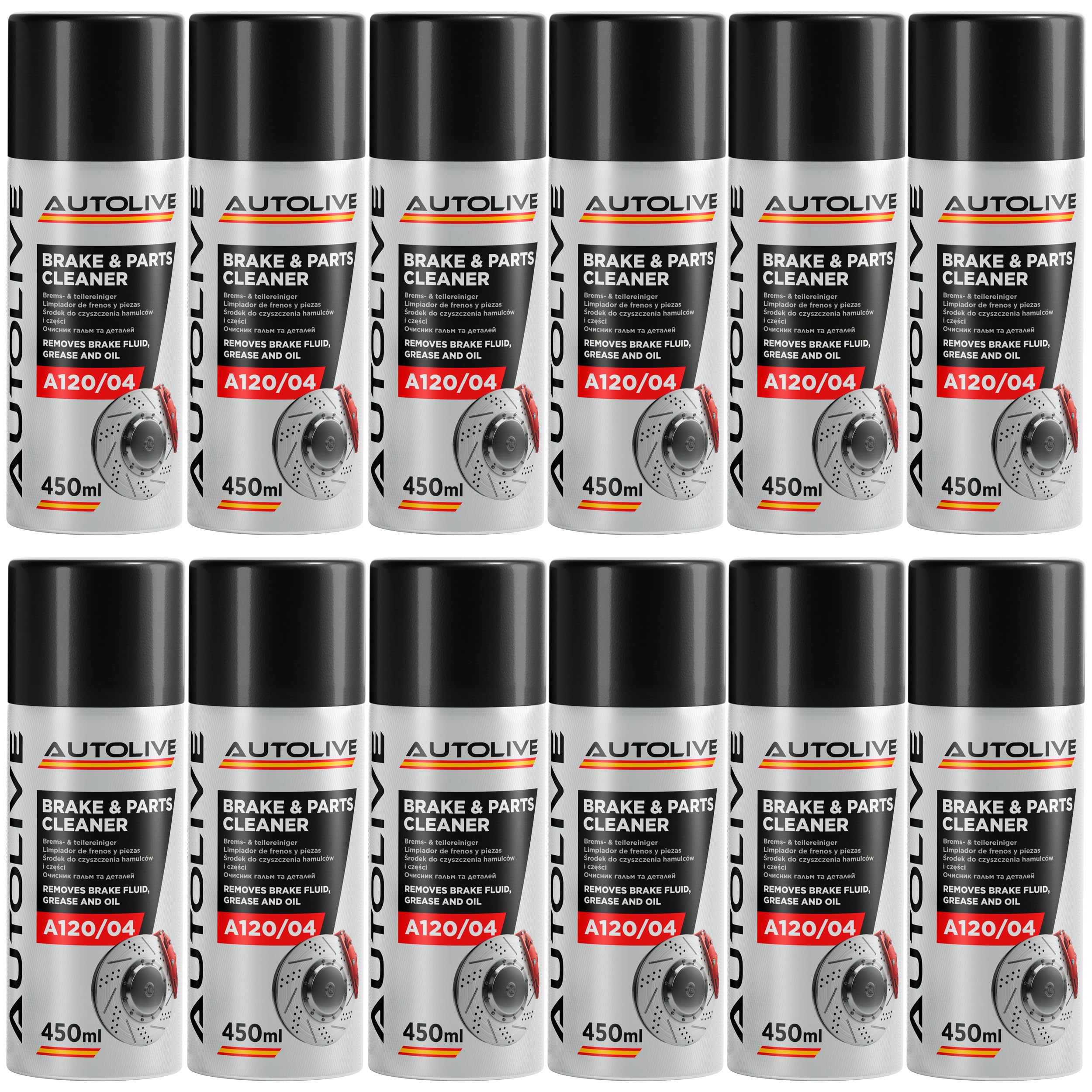 Limpiador de Frenos y Embrague - Brake & Parts Cleaner Pack de 12 - Ayuda a Eliminar Aceites, Grasas, Alquitrán, Resina y Pegamento - No Daña Articulaciones ni Juntas - 450 mL