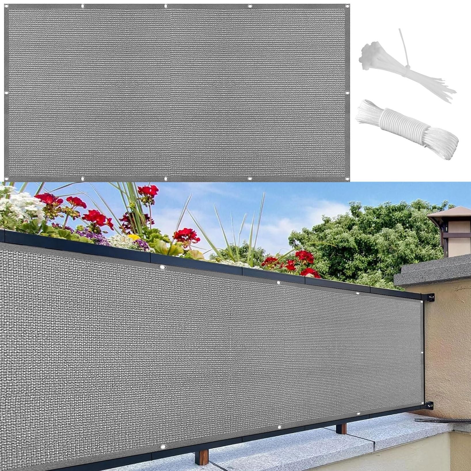 Brise Vue pour Balcon 120 x 300 cm Protection UV Brise Vue Occultant Jardin Cloture avec Oeillets et Cordons, Facile a Poser pour Balcon Jardin Patio Terrasse, Gris Clair