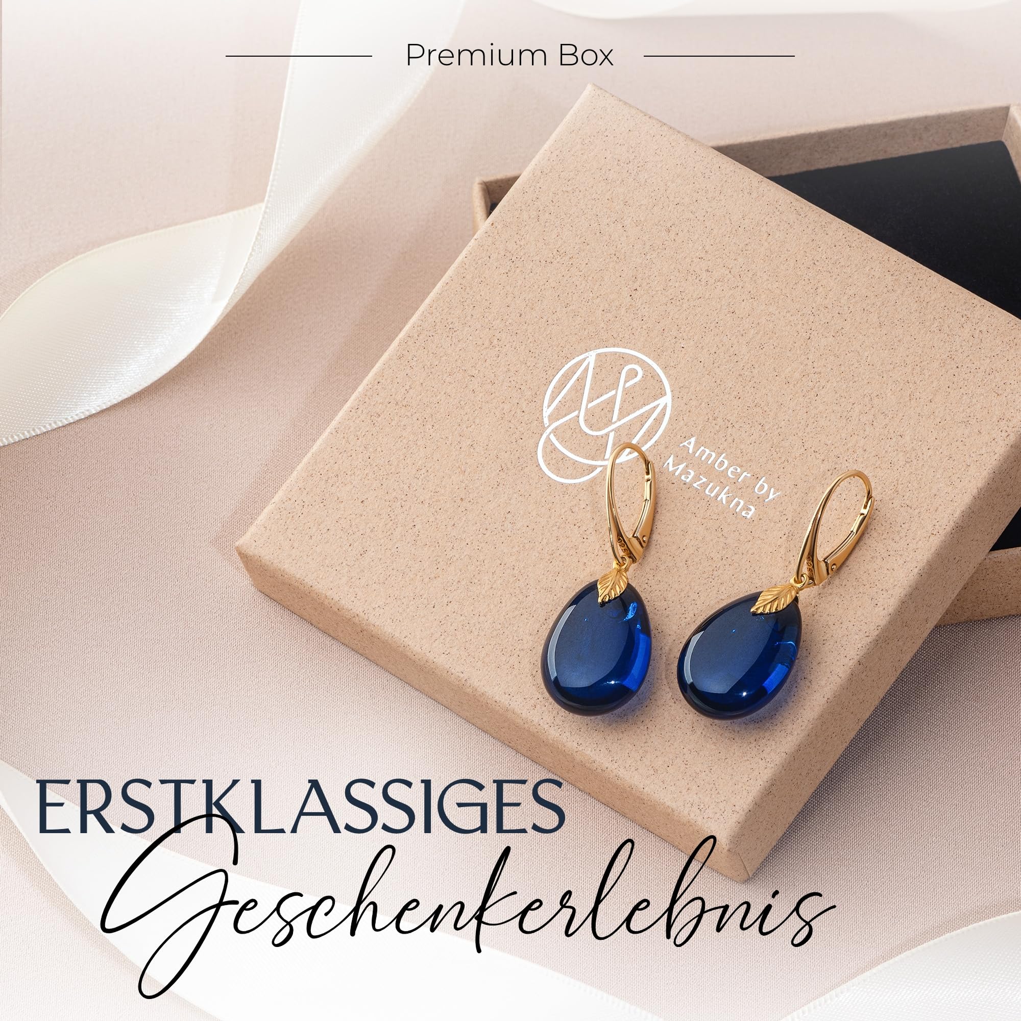Ohrhänger für Damen | Vergoldete 925 Silber Ohrringe, natürlicher blauer Baltischer Bernstein, leicht mit sicherem Leverback-Verschluss für Alltag
