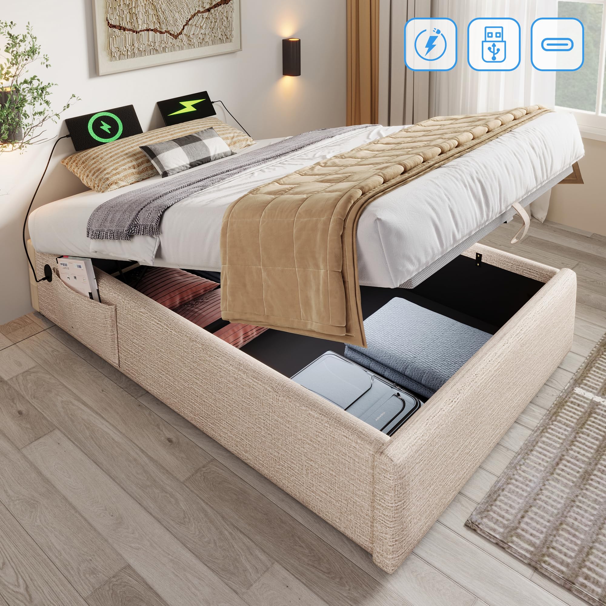 Bett 90x200 mit Bücherregal und USB Type-C-Ladefunktion, Kinderbett Hausbett Polsterbett mit Stauraum & Vollflächiger Lattenrost, Hydraulisch Einzelbett Stauraumbett, Leinen, ohne Matratze, Natürlich