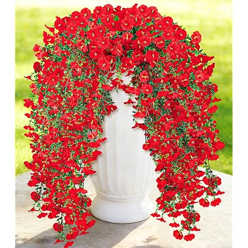 Artificial Flower for Outdoors, 6PCS Fake Artificial Morning Glory Flowers, UV Resistant Outdoor Flowers Hanging Morning Glory, Realistic Faux Flower for Spring Garden Porches Decor (Red)