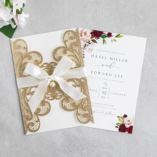 20Pcs 5.12x7.09 inch Laser Cut Wedding Invitation Cards With Envelopes and Ribbons for Quinceanera Bridal Shower Baby Shower Party Invite (Gold Glitter)