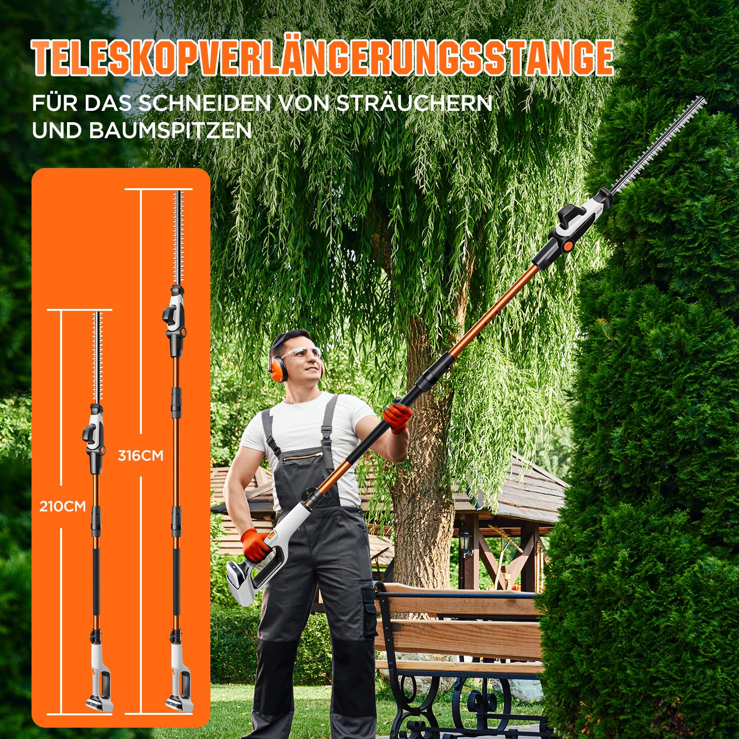 Litheli Stabheckenschere & Hochentaster mit zwei 2.0Ah Akkus, 47 cm Akku Teleskop Heckenschere, abwinkelbarer Kopf und Teleskopstiel zum Schneiden von Ästen, Trimmen.