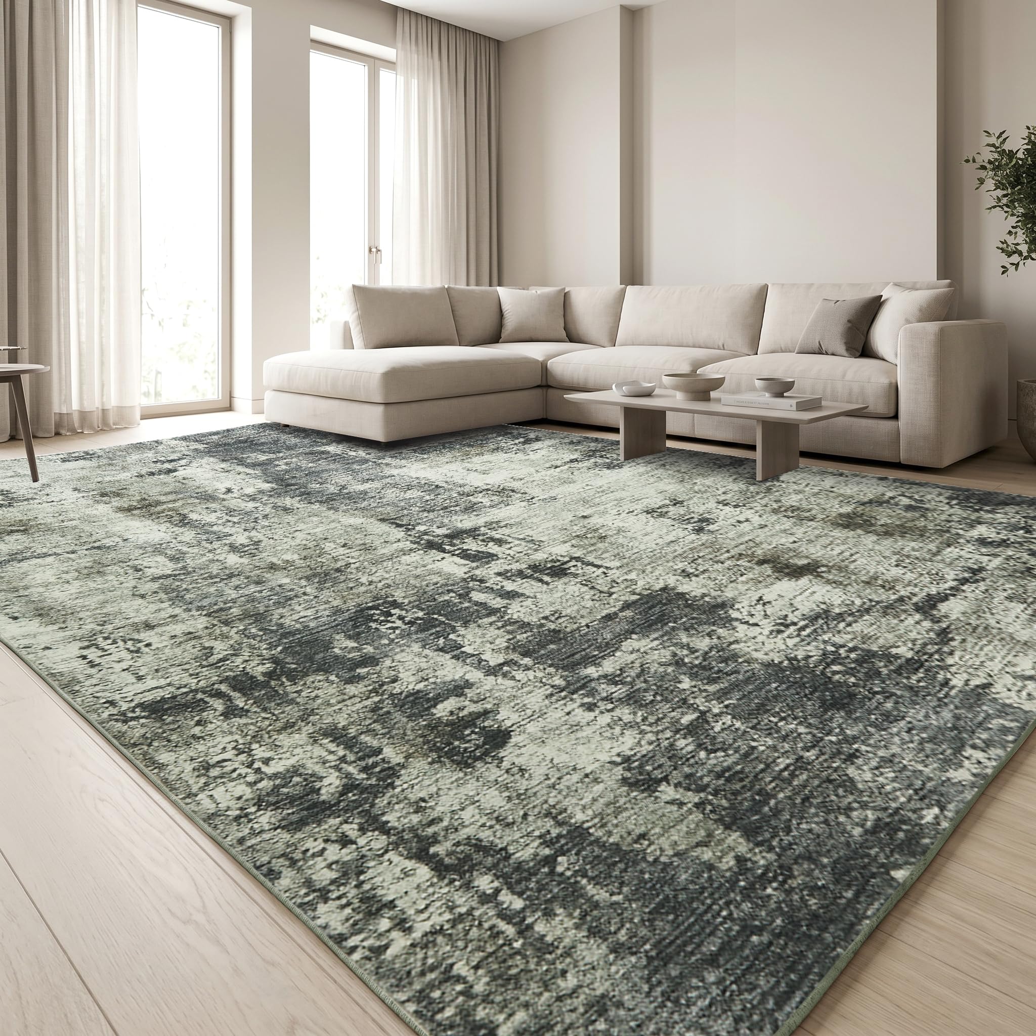Aspire Homeware Machine Washable Extra Large Abstract Grey Rugs Living Room 200x290 cm Low Pile Area Rugs For Bedroom, Dining Room, Soft Non Slip Carpet for Kids Room Vintage Design Boho Rug, Frost