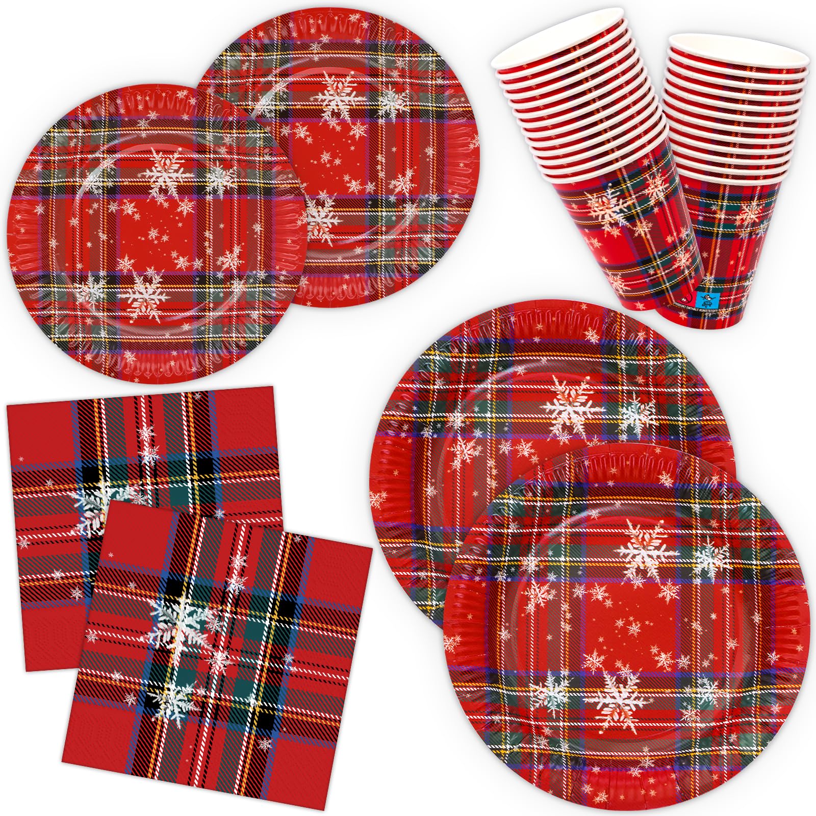 HNH Piatti, Tovaglioli e Bicchieri di carta Natale Rosso scozzese 100 pezzi Piatti di carta da dessert usa e getta Set di Stoviglie monouso per feste