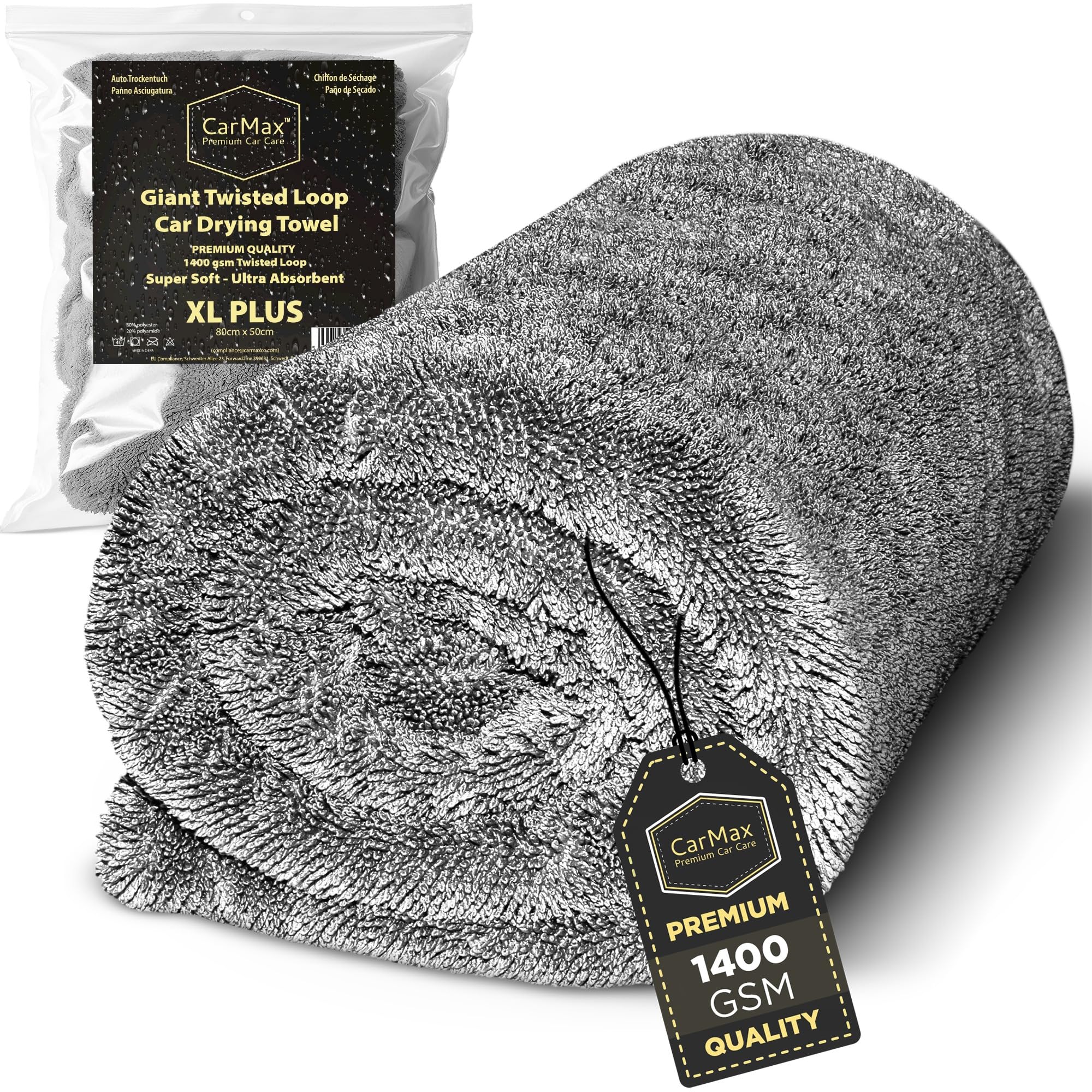 CarMax® - Original Twisted Loop Car Drying Towel - Double-Sided XL plus - 80cm x 50cm 1400gsm Microfibre Towel for fast streak-free drying and detailing.