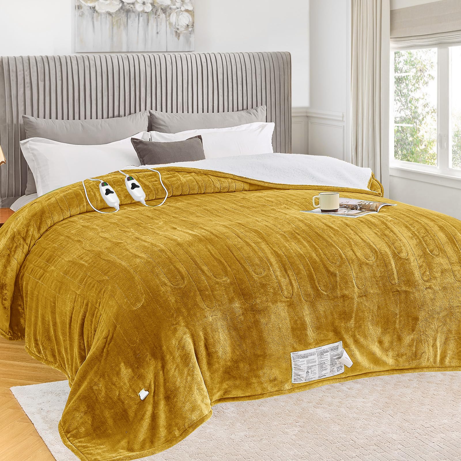 greenoak Heated Blanket Electric King Size 100"X90" Dual Control, Heating Blankets with 10 Levels 8 Hours Auto-Off Overheat Protection, Soft Flannel Sherpa House Warming GIF, ETL Brownish Yellow