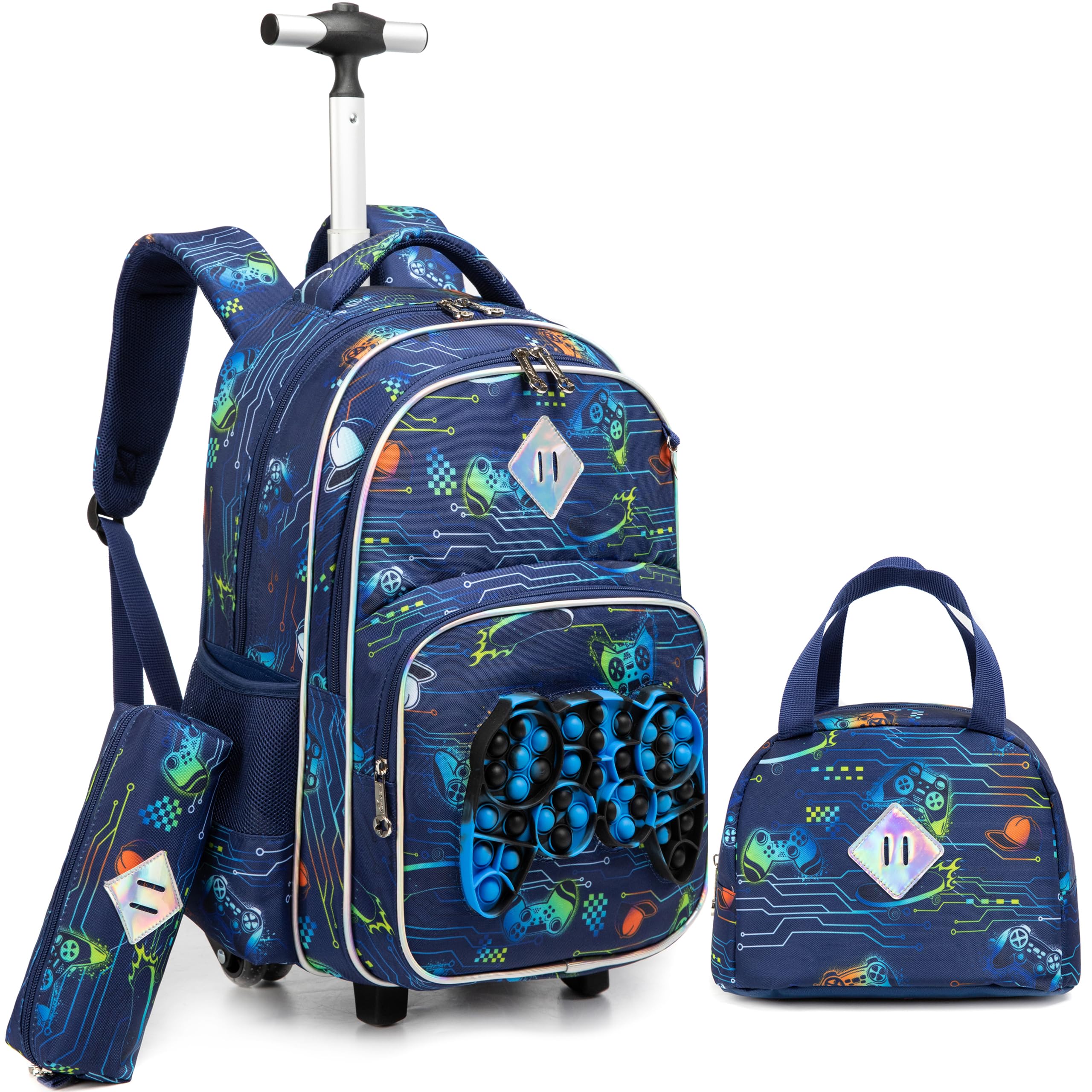 HTgroce Cartable a Roulette Garçons Primaire, 3 in 1 Sac à Roulettes Bagages De Voyage avec Roues Sac À Lunch Et Étui À Crayons.