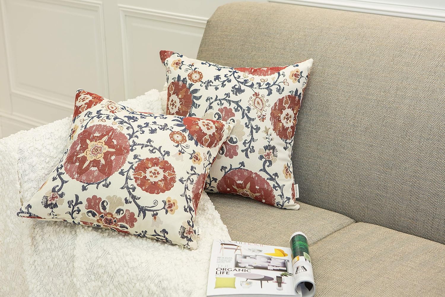 Mika Home Pack of 2 Jacquard Circle Floral Throw Pillow Shell Vintage Cushion Cover for 20X20 Inserts Cream Red