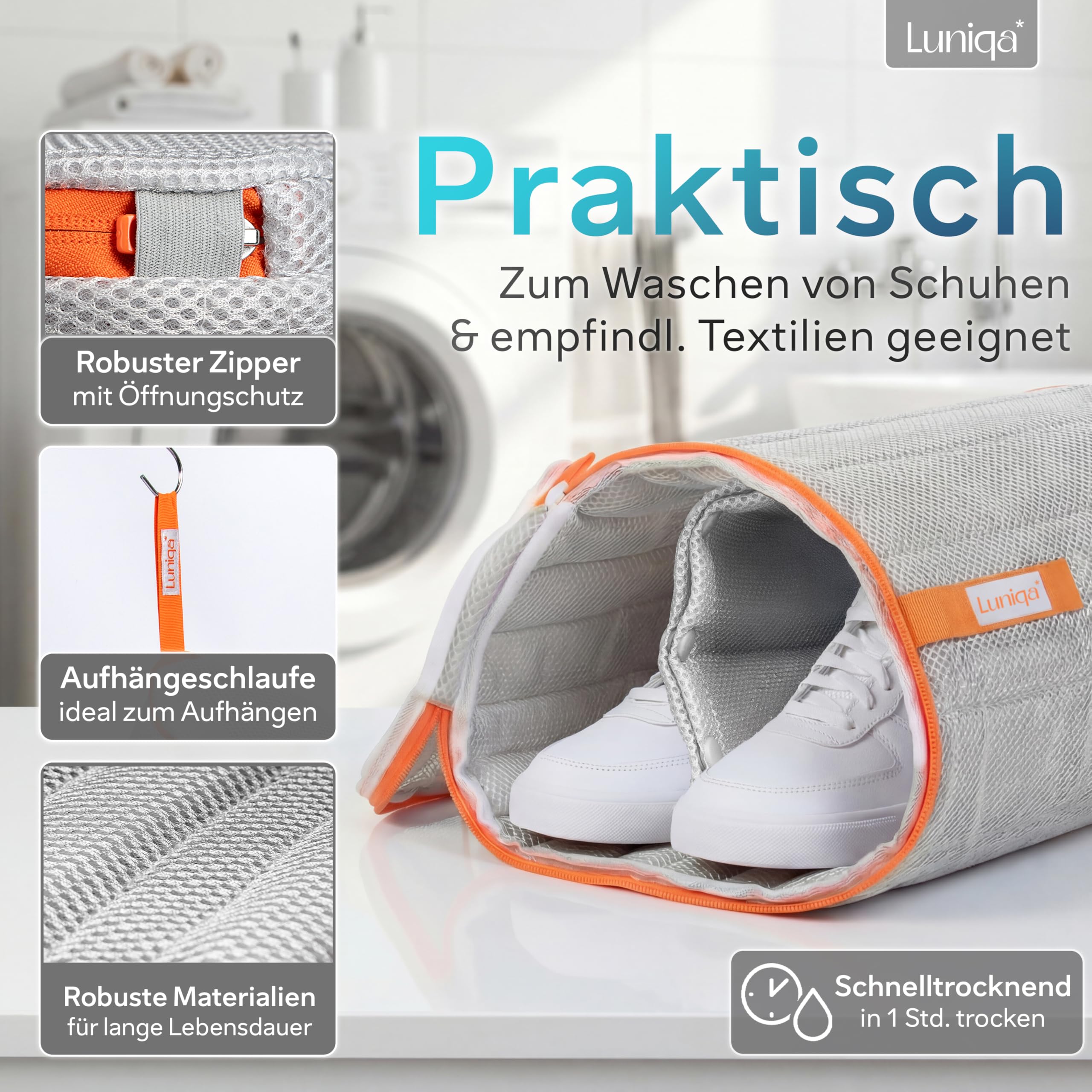 Schuhwaschbeutel - XXL für 2 Schuhe bis Gr. 48 - Gepolstert - Extrem langlebig - Leise - Farbecht - Wäschesack Schuhe - Sneaker Waschbeutel - Wäschenetz - Schuhbeutel Waschmaschine