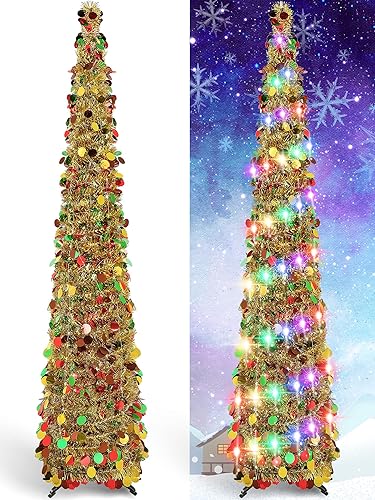Árbol de Navidad de oropel desplegable de 5 pies con lentejuelas coloridas reflectantes, árbol de Navidad artificial delgado, plegable, árbol de