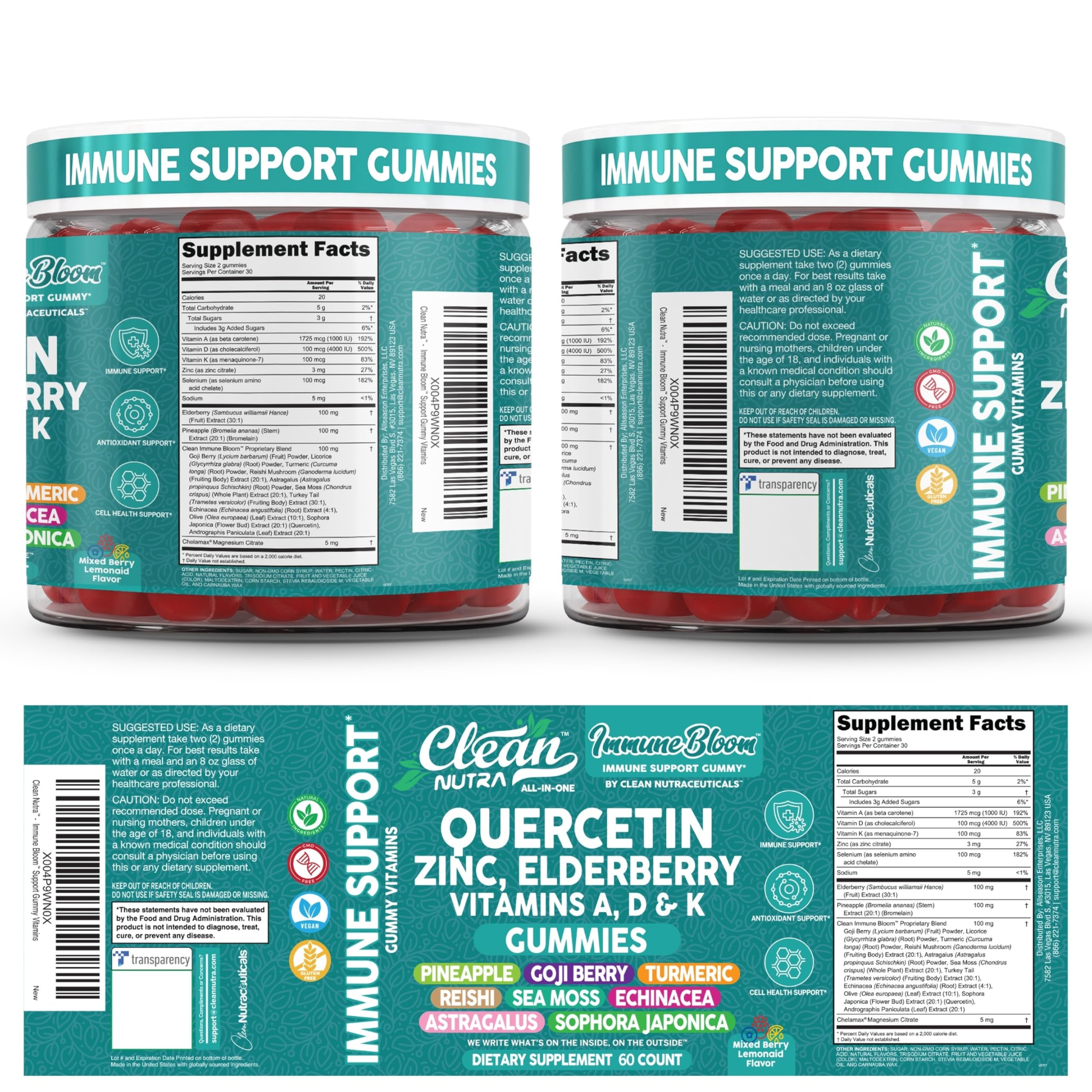 Clean Quercetin Elderberry Immune Support Gummies | Zinc Vitamin K2 D3 A Bromelain Goji Berry Turmeric Sea Moss Echinacea Astragalus Selenium Olive Leaf Immunity Supplement Gummy Vitamins — Amazon image 5