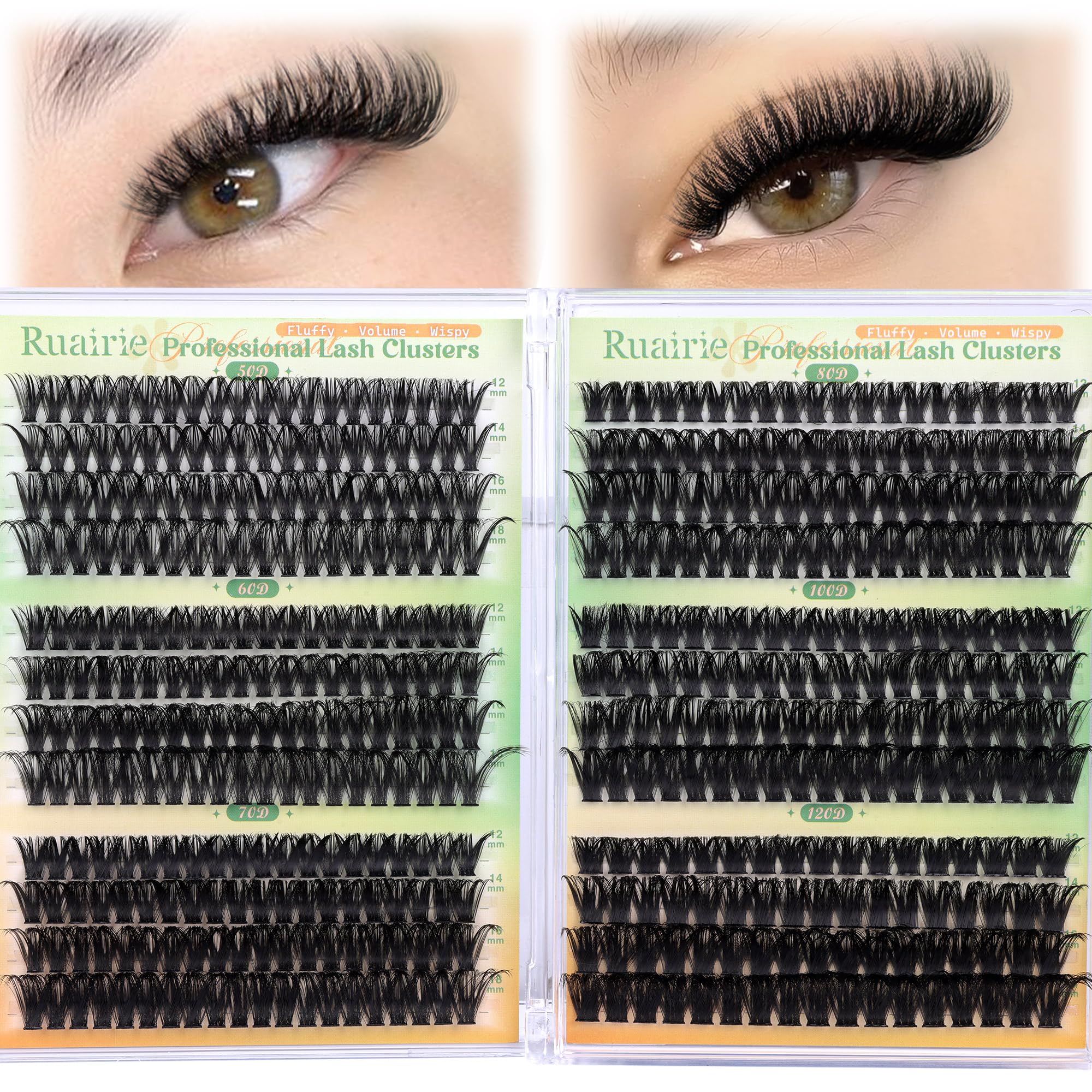 Ruairie Fluffy Cluster Lashes D Curl Volume Individual Eyelashes Clusters 50D-60D-70D-80D-100D-120D Wispy Lashes Individual Cluster 464pcs 12-18MM Lash Clusters
