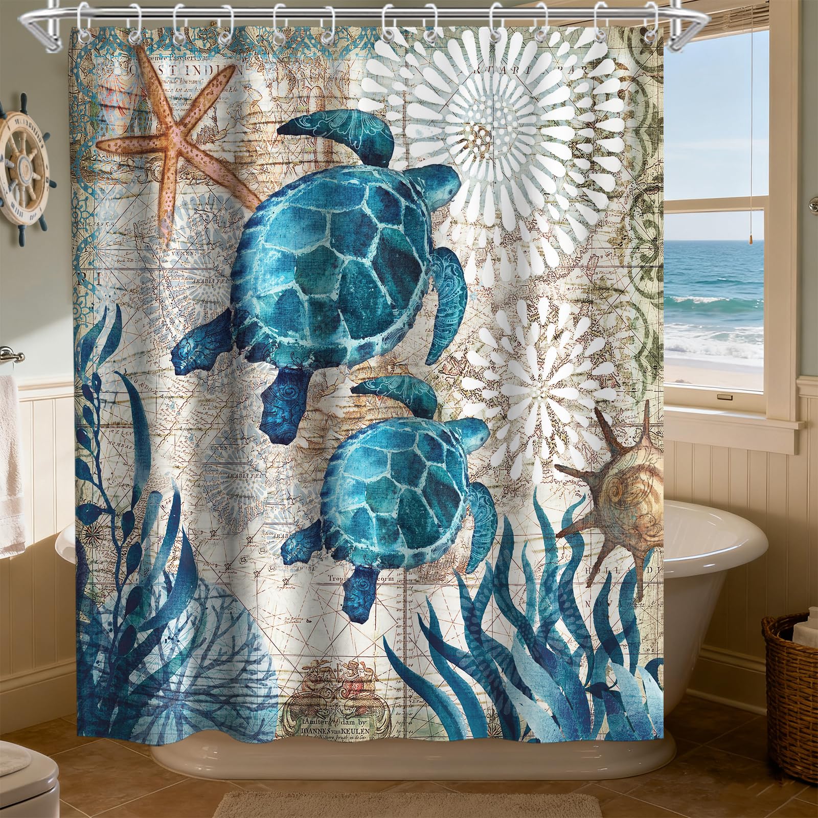Best Beachy Shower Curtains for 2026 1 Final Friday Nautical Green Sea Turtles Beach Theme Fabric Shower Curtain Sets B — product photo
