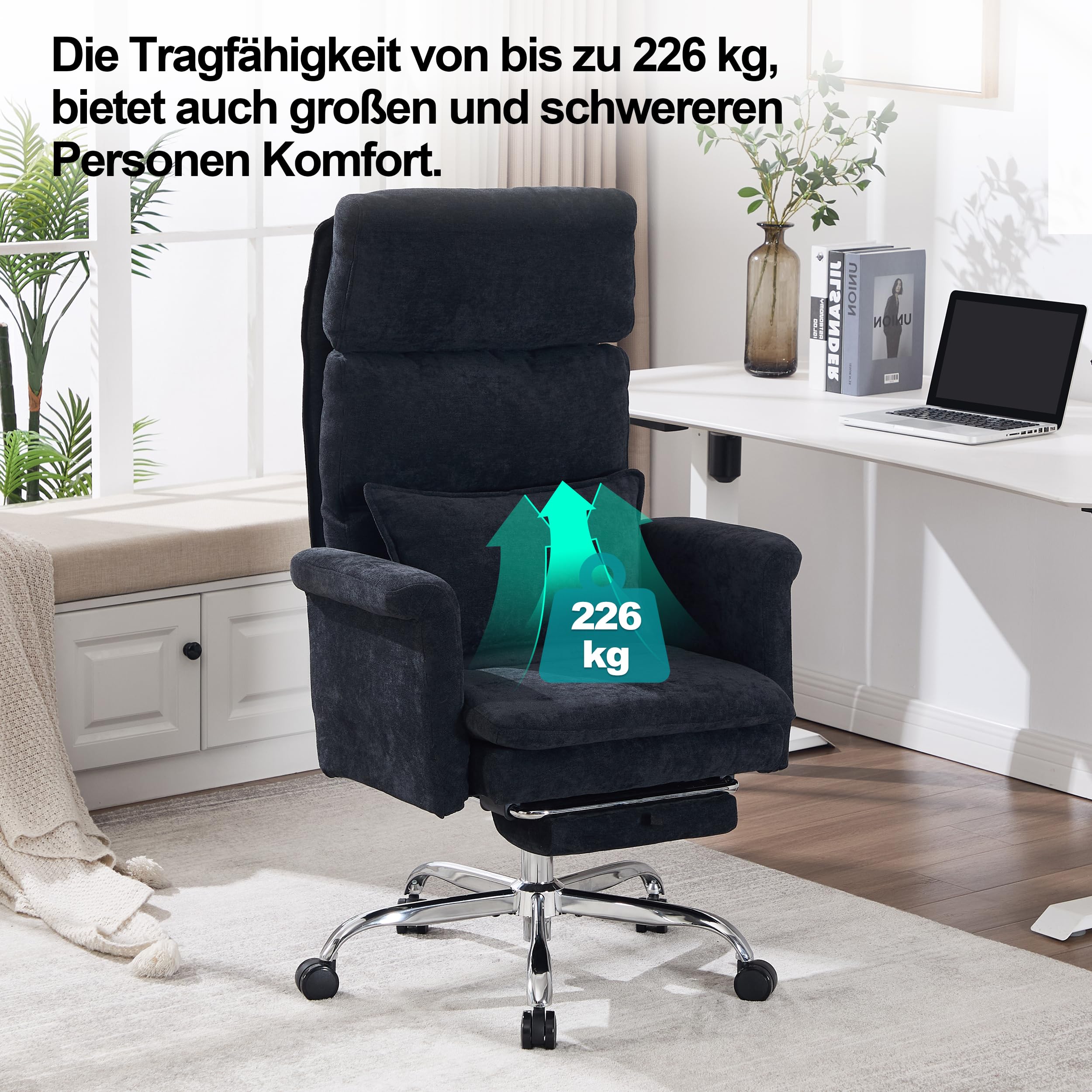 UEV Bürostuhl Ergonomisch mit Fußstütze bis 226kg,Drehstuhl schwarz | klappbare Armlehnen,Dicker Sitzpolsterung,Verstellbarer Kopfstütze,Schreibtischstuhl für schneidersitz,Computerstuhl
