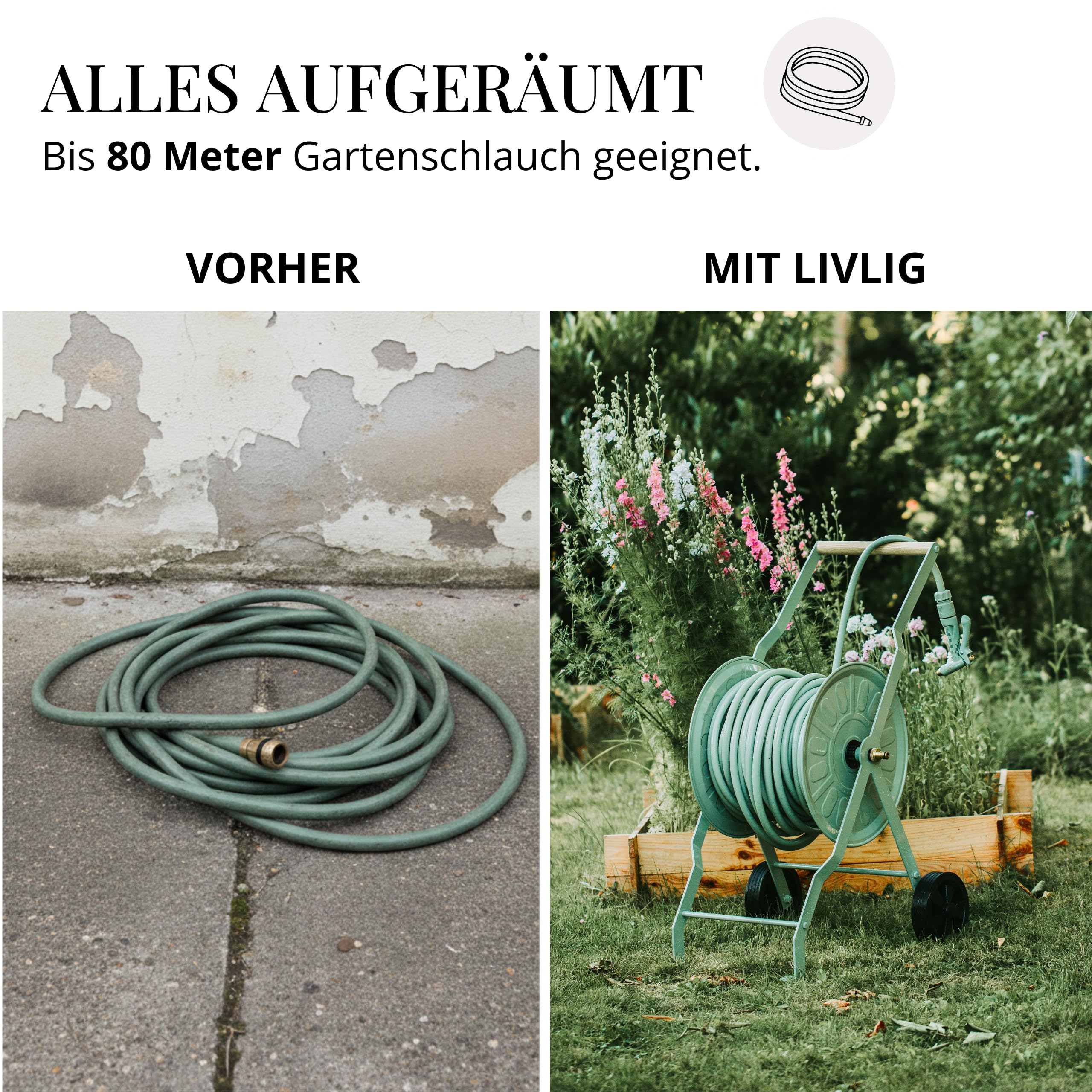 LIVLIG Schlauchwagen Metall, Premium Wagen mit Pulverbeschichtung Made in Italy, Schlauchwagen bis 80m Gartenschlauch, Gartenschlauch Trommel in Grün