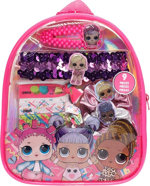 L.O.L Surprise! Townley Girl Backpack Cosmetic Makeup Gift Bag Set includes Hair Accessories and Clear PVC Back-pack Kids Girls, Ages 3+ perfect Parties, Pink,Purple, 9 Pc