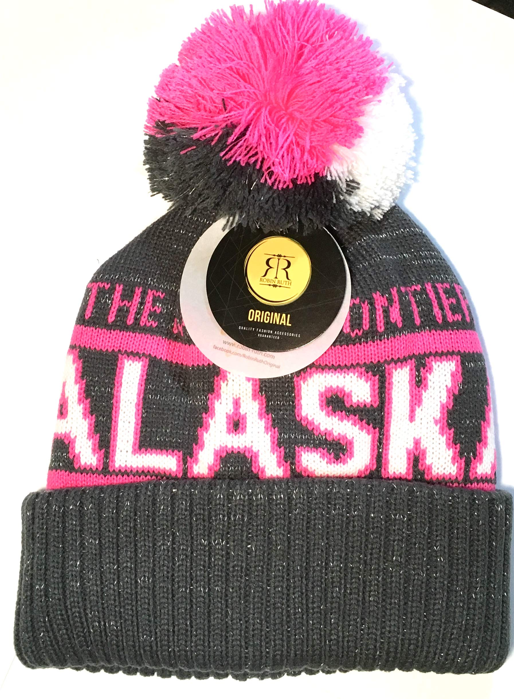 Alaska Beanie Hat Heavy Quality Hot Pink Grey Metallic Sparkle/White Pom Pom