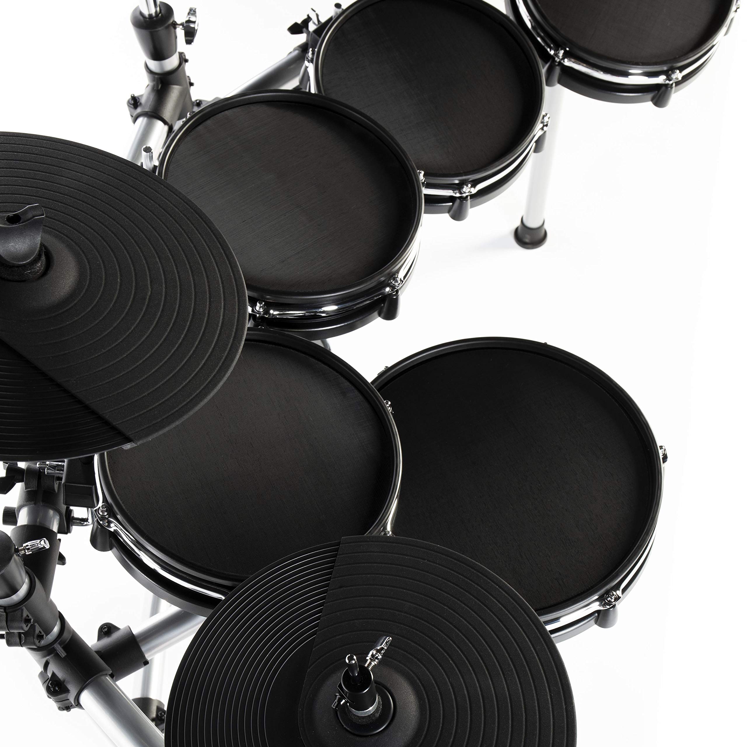 Fame DD-ONE Pro XT E-Drum Set, Elektronisches Schlagzeug-Set mit echter HiHat, 12" Snare-Pad und 12" Kick-Pad, 554 deutsche Studio-Sounds, 78 Drumsets, Aux, MIDI, MP3 und Effekten, inkl. Rack, Schwarz