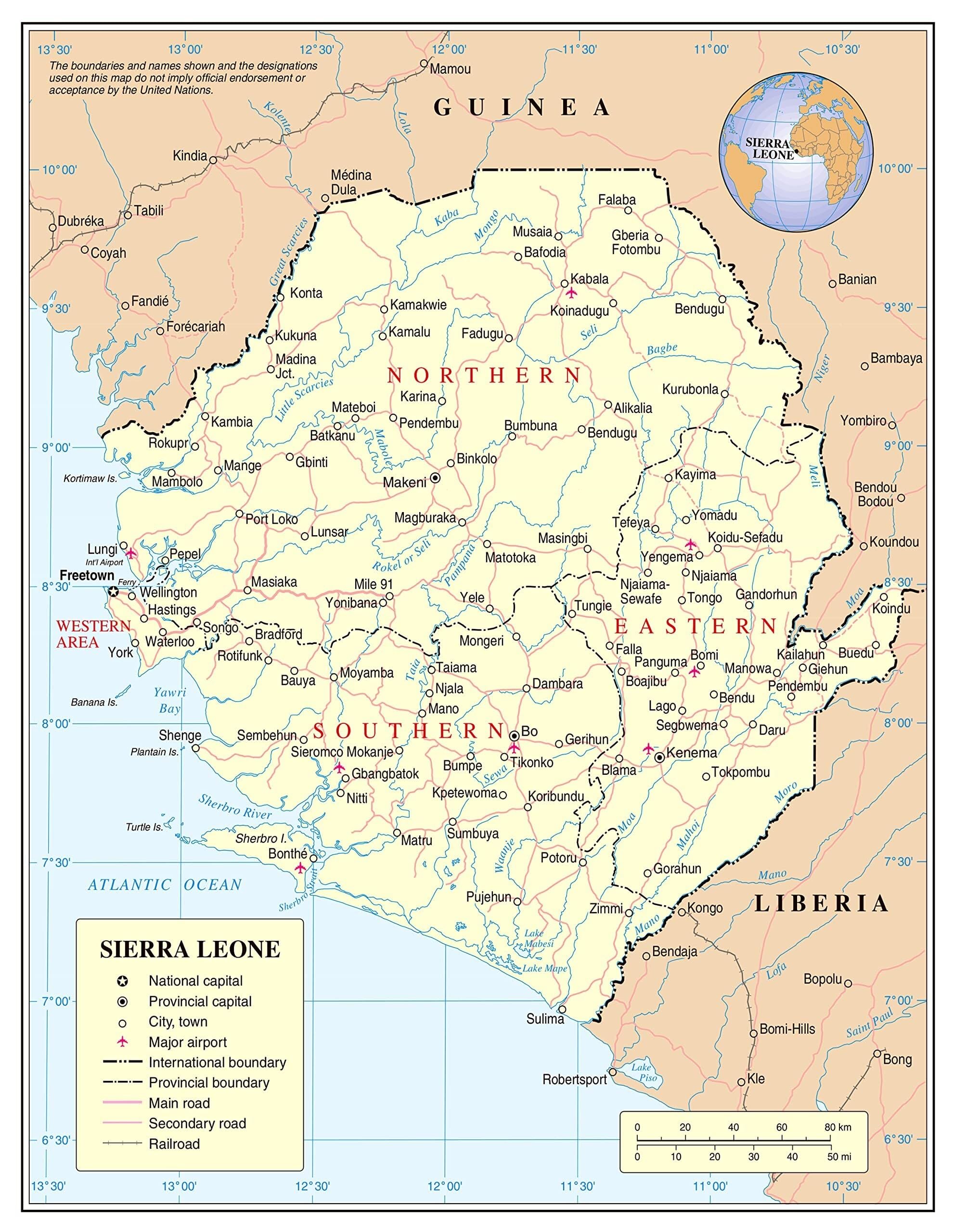 XGINERFEX Administrative Map Sierra Leone Poster with Roads Railroads Cities and Airports(Framed,16x24inch(40x60cm))