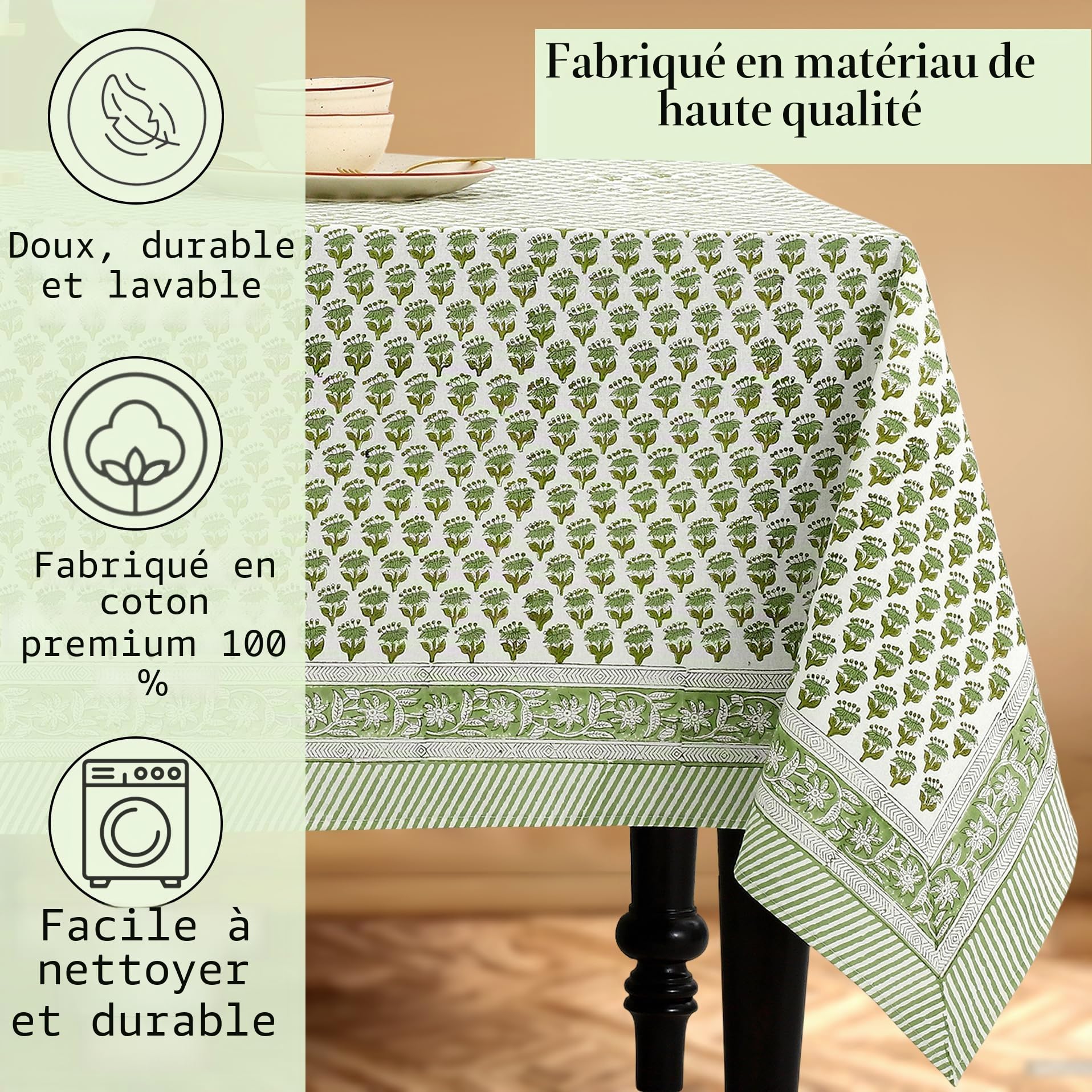 CPC Nappe rectangulaire 100% Coton – Imprimé à la Main Indien – 6 Places – Lavable et réutilisable – pour Maison, Restaurant, hôtel, événement et Utilisation Quotidienne – Vert émeraude