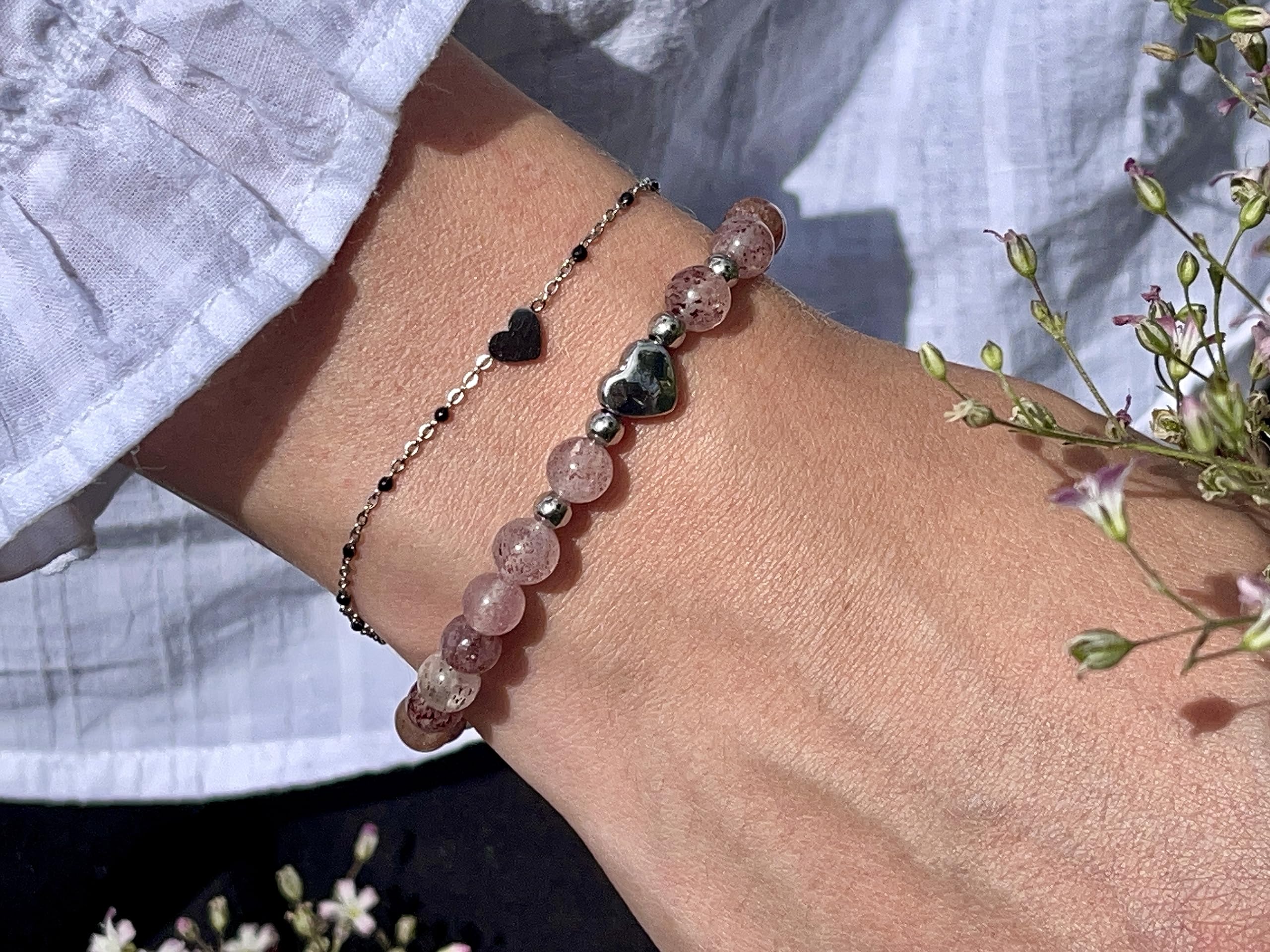 Erdbeerquarz Armband Perlen echt 6mm Herz Edelstahl Silber Gold Roségold oder Ionisiert - Handmade Perlenarmband Konzentration Lebensfreude Humor - Spiritueller Schmuck Damen Mädchen
