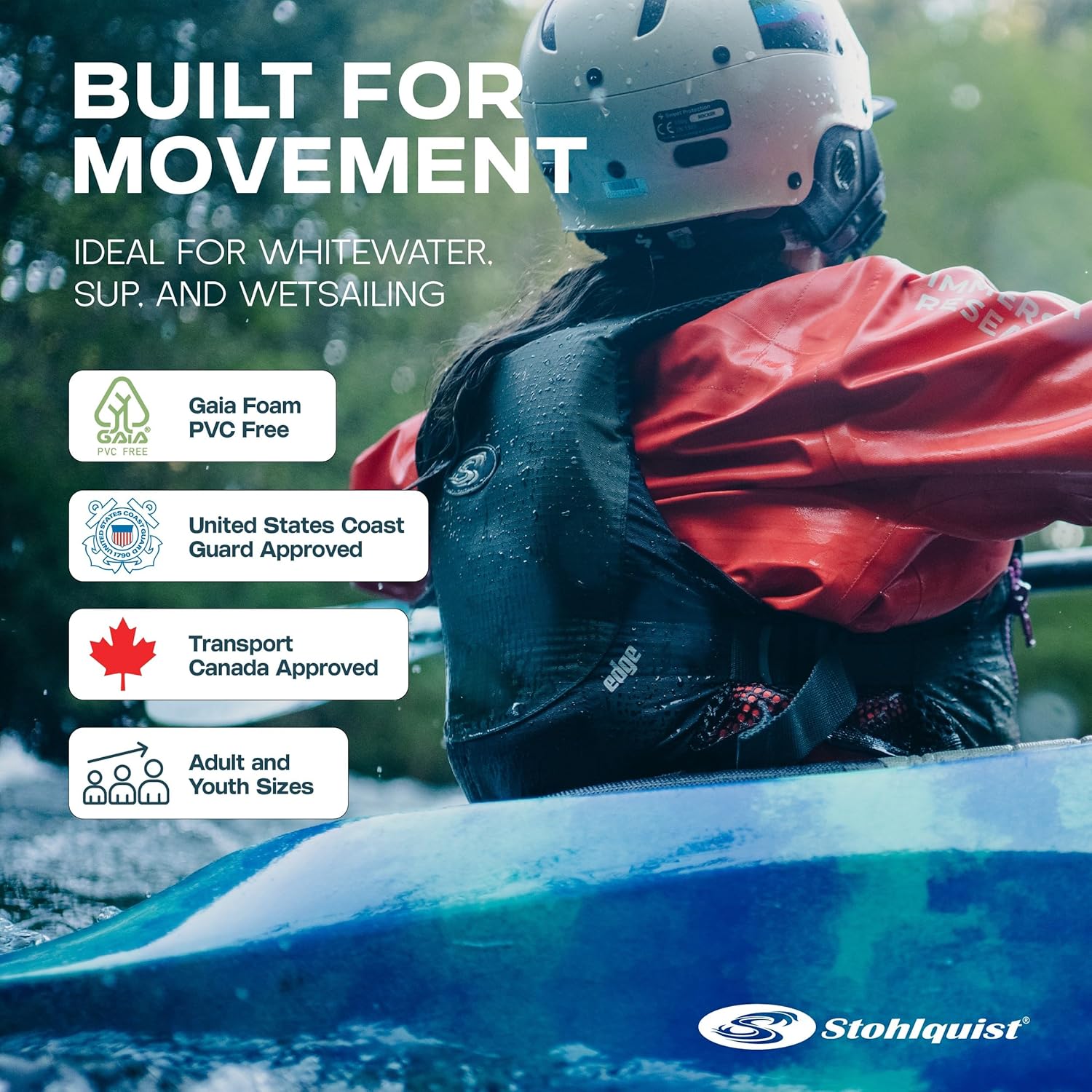 Stohlquist Edge Lifejacket for Adults and Kids - US Coast Guard Approved Level 70N - for Whitewater, Kayaking, SUP, and Wetsailing