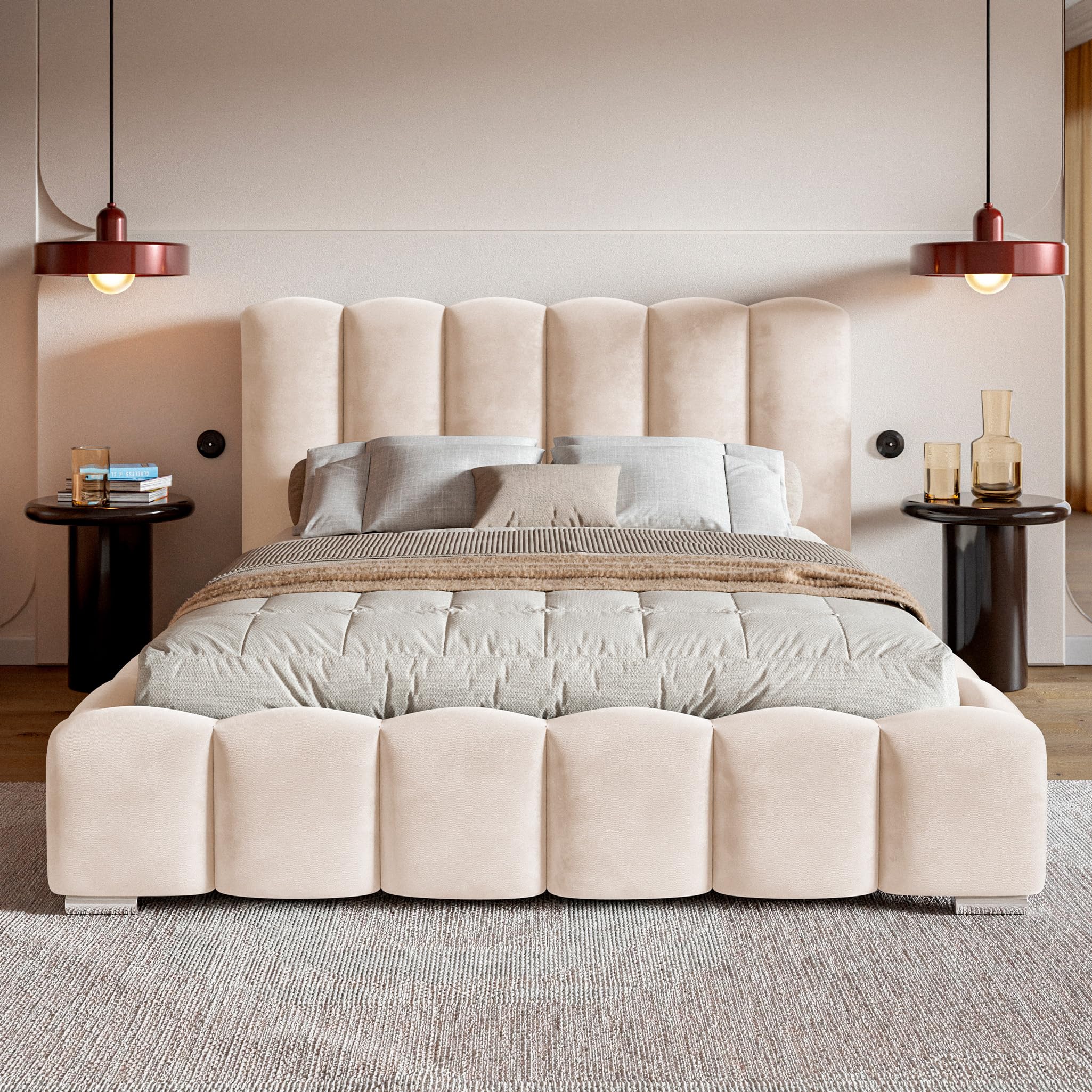 MOTIVENA Grand Cadre de Lit Bubble 180x200, avec Sommier sans Matelas, avec Rangement, Capitonné, Rembourré, avec Pieds, Velours, avec Tête de Lit Coffre 180x200 Beige Crème