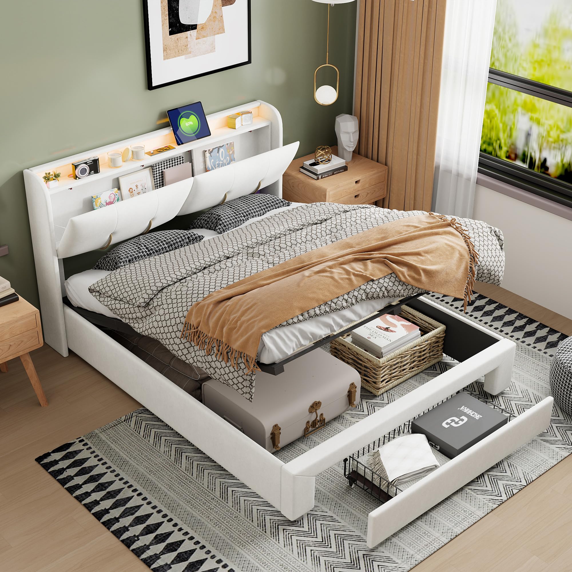Letto contenitore 140x200 cm con illuminazione LED - funzione di ricarica USB - divisori contenitori - contenitore idraulico - biancheria - rete a doghe - Grigio