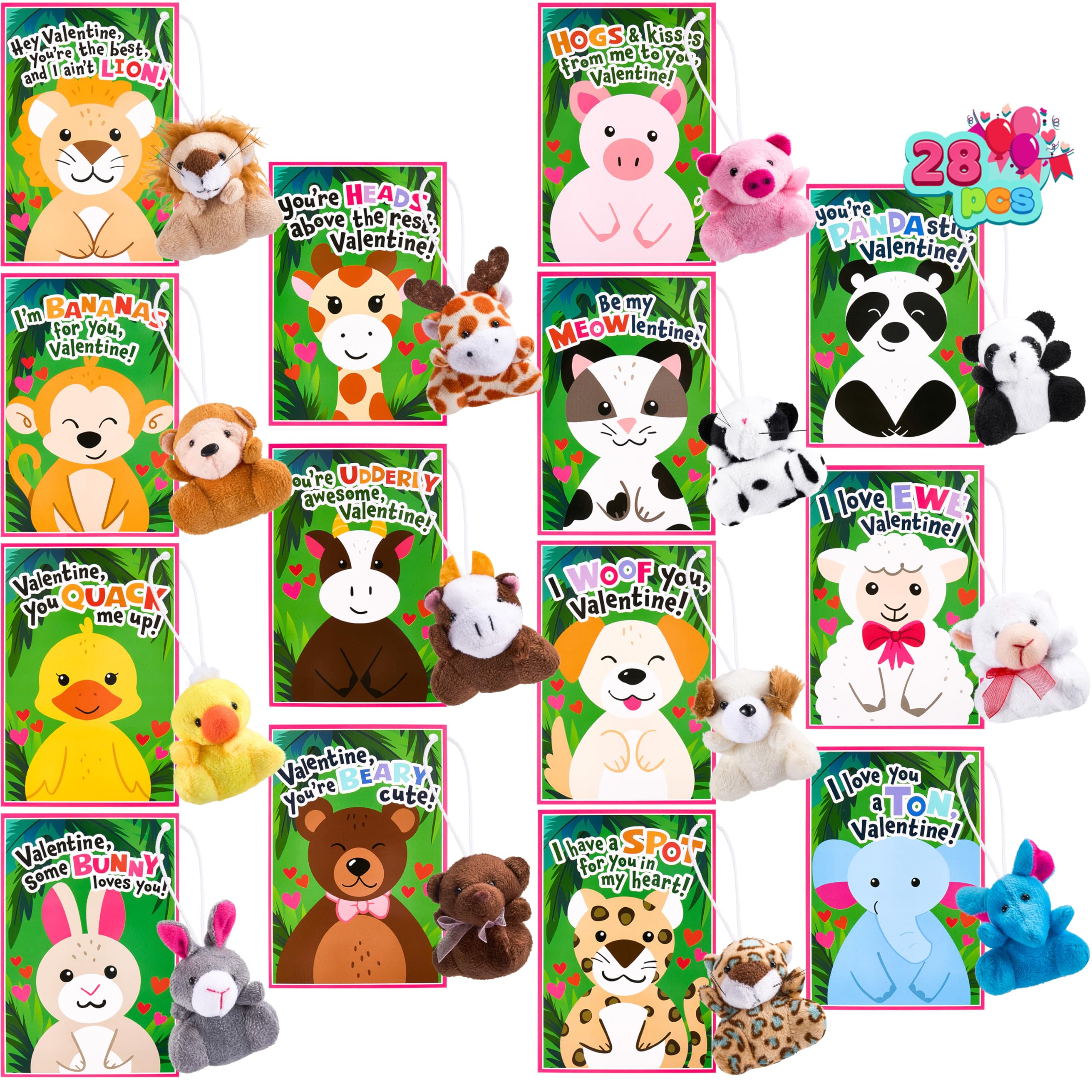 28 Pack Valentine's Day Gifts Cards for Kids with Plush Toy Key Chain Stress Relief Fidget Toy for Classroom Exchange Cards and Kids Party Favor