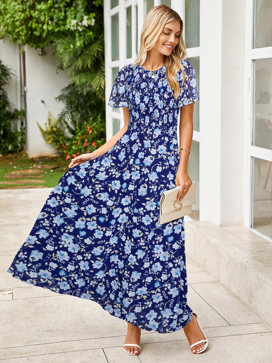 Simplee Womens Summer Floral Summer Maxi Dresses Boho Flowy Flutter Short Sleeve Crew Neck Vacation Smocked Chiffon Dress - Image 2