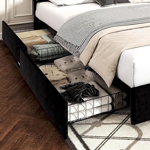 Miniatura 167 de VECELO Base de cama de tamaño matrimonial con cabecera tapizada ajustable, plataforma de listones de madera, diseño sin ruido, fácil montaje Negro