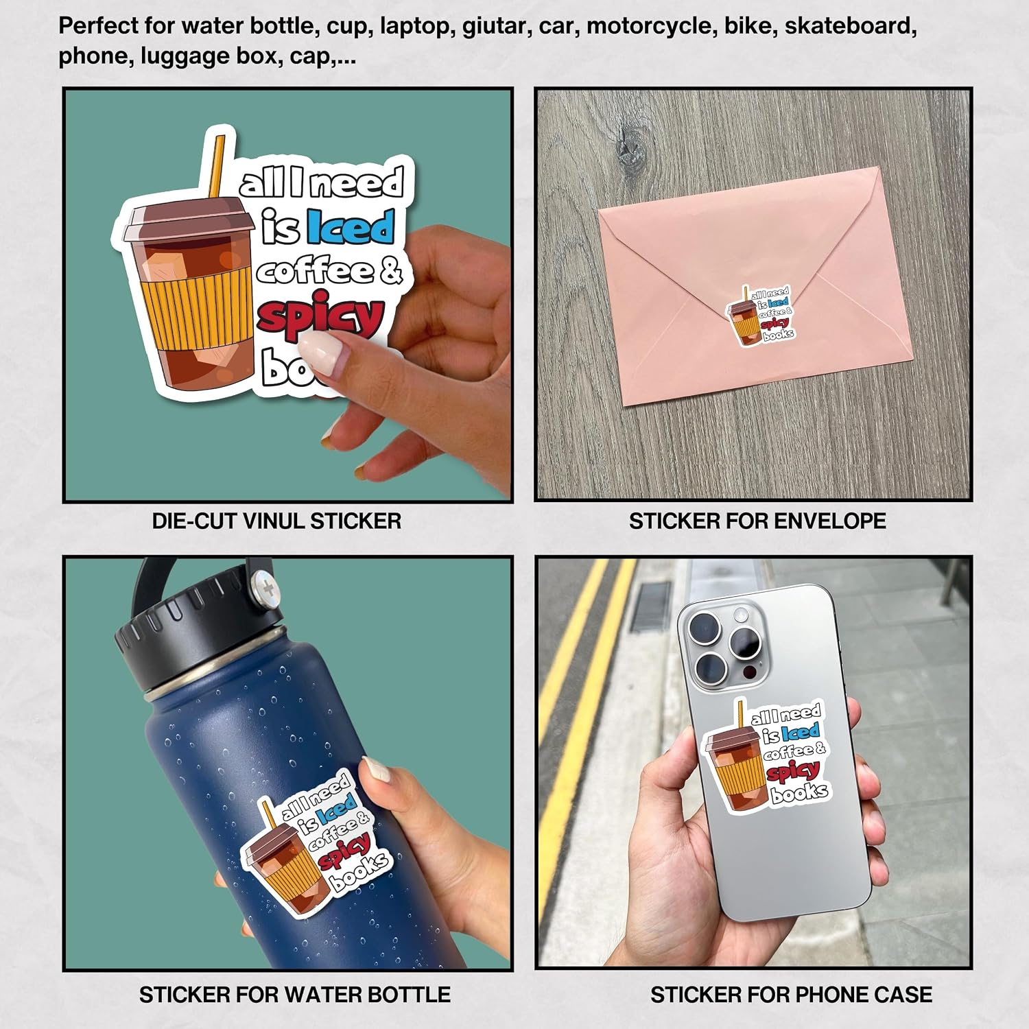 All I Need is Iced Coffee and Spicy Books Sticker, Bookish Books Lover Gift Reading, Die-Cut Waterproof Vinyl Sticker for Laptop Water Bottle Phone, Birthday Gift (1PCS, 2”)