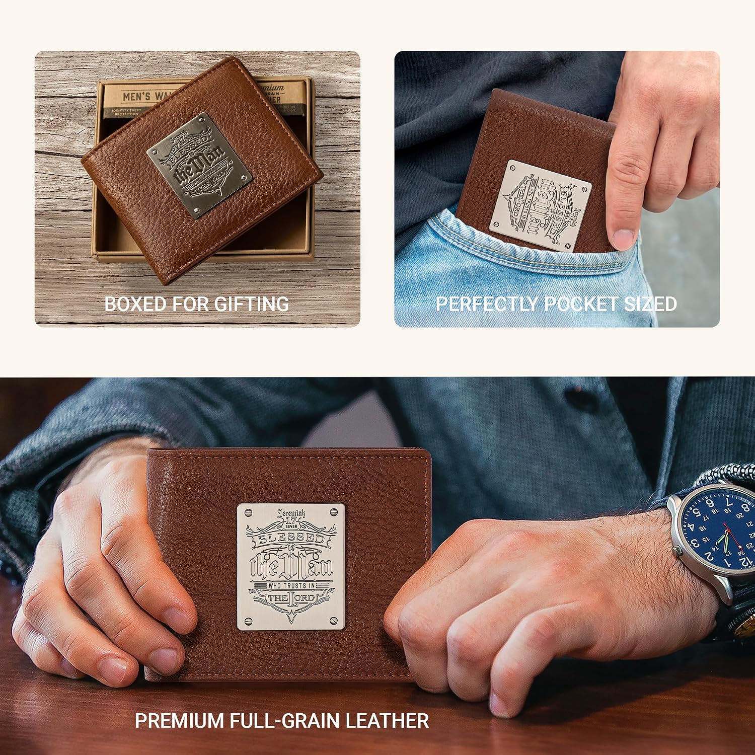 Christian Art Gifts Genuine Full Grain Leather RFID Blocking Scripture Wallets for Men, Bifold & Trifold Designs, Many Slots for Credit Cards, ID, Cash, Photos, Emblems or Debossed, Multiple Colors