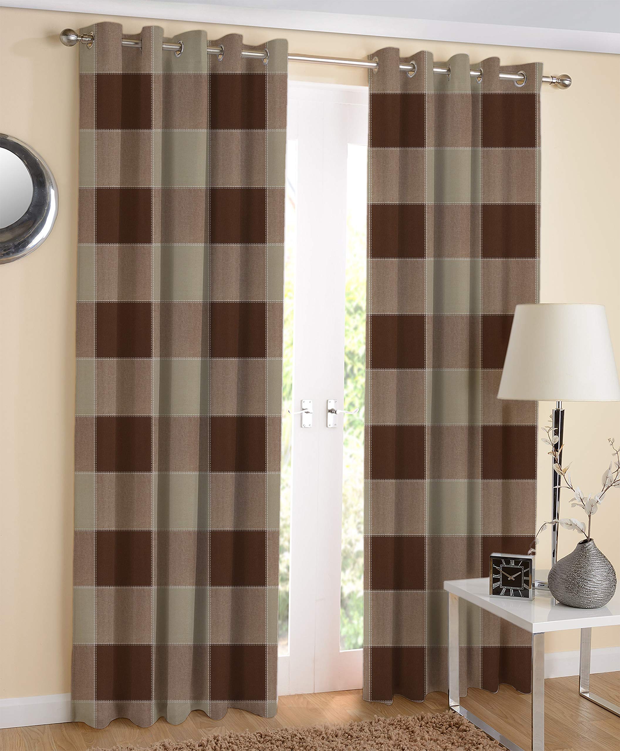 Airwill Brown Checkered Pattern Cotton Window Curtains 4x5ft Pack of 2 Pieces-picture-30