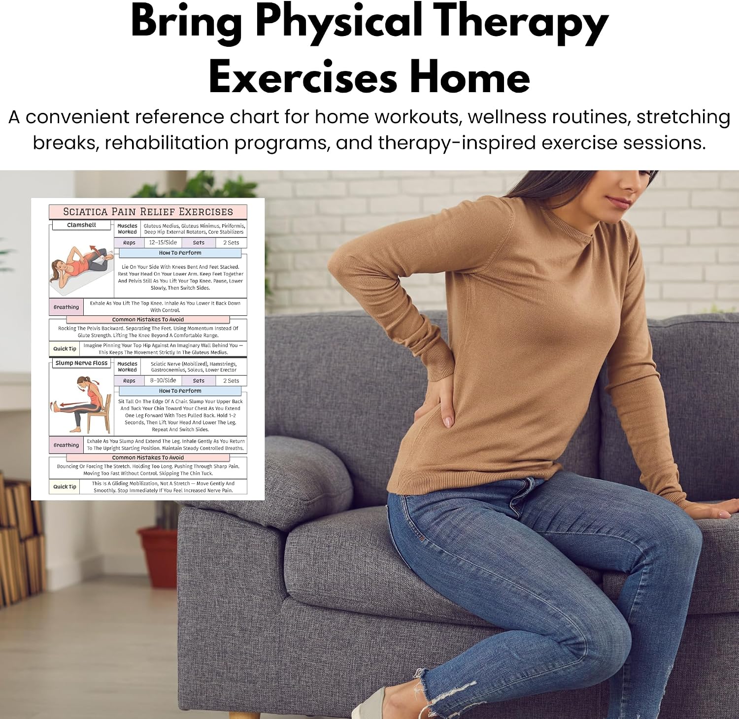 Sciatica Pain Relief Exercise Chart, Lower Back & Nerve Stretching Poster for Home Physical Therapy, Hip, Glute & Leg Mobility, for Seniors & Adults