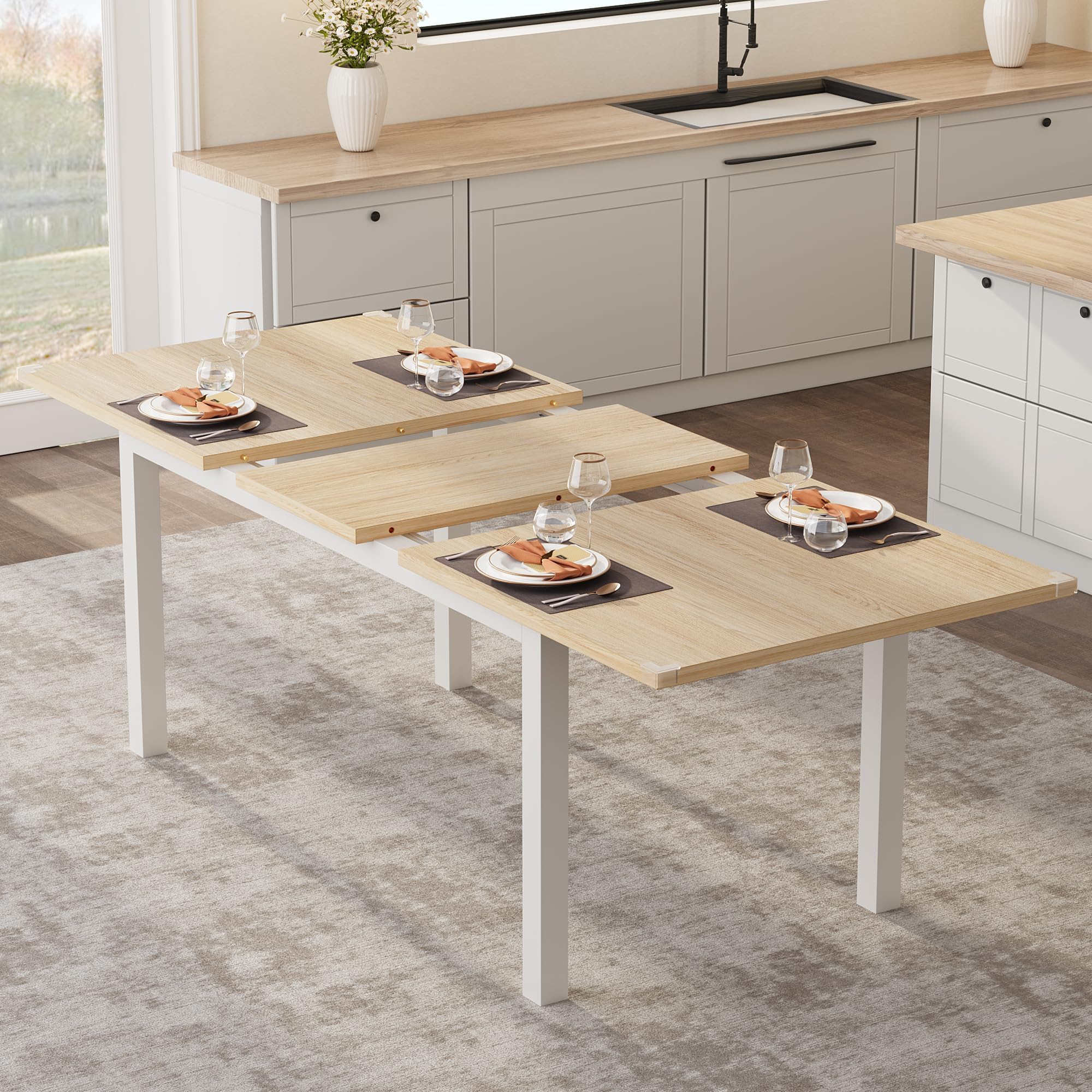 Crevyteg Extendable Dining Table, 47 to 63 Inch Expandable Table for 4 to 8 People, Modern Industrial Desk for Home Office Kitchen and Small Space, Waterproof MDF Top