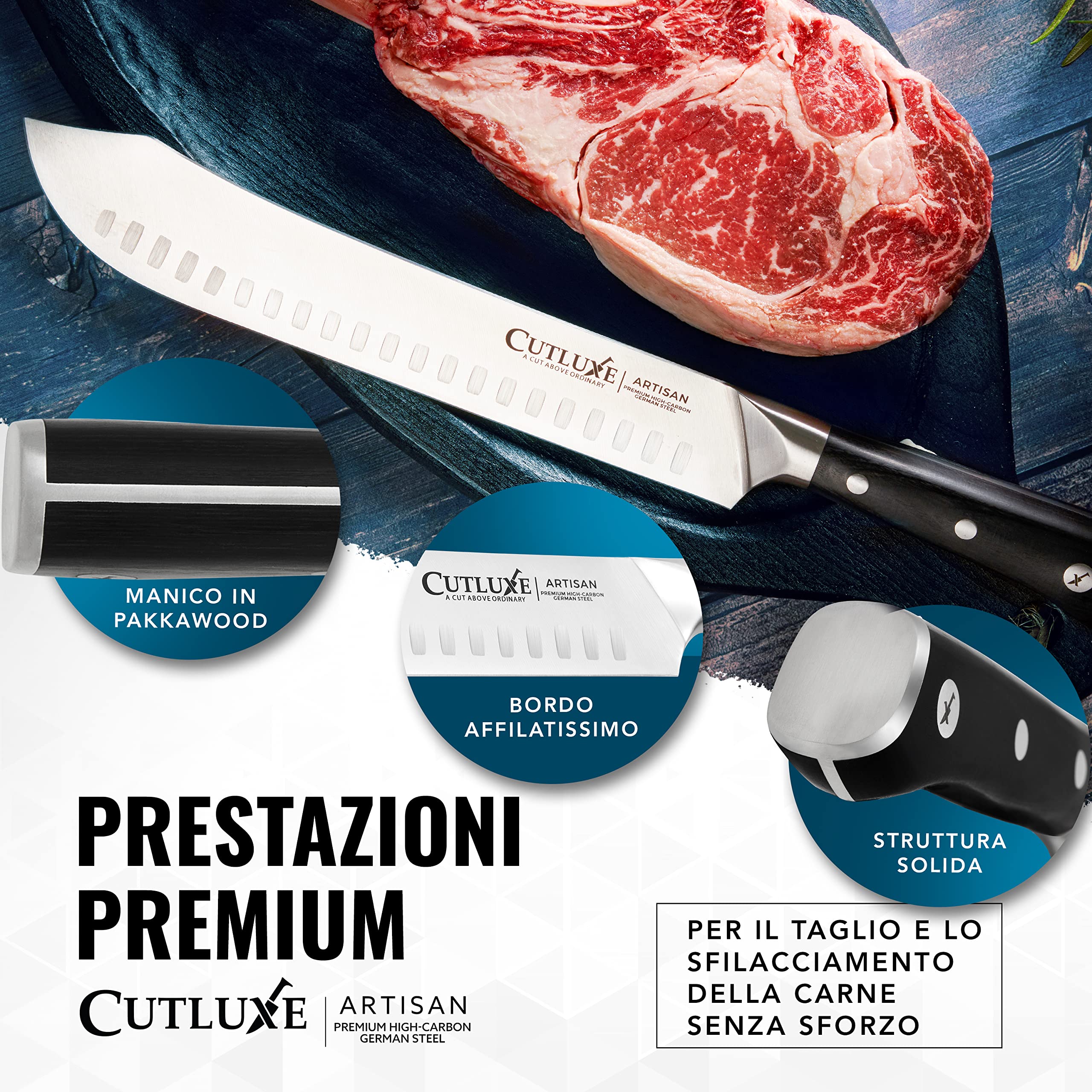 Cutluxe Coltello da Macellaio 25cm, Coltello Bull Nose, Acciaio al Carbonio, Lama Affilata e Resistente, Artisan Series