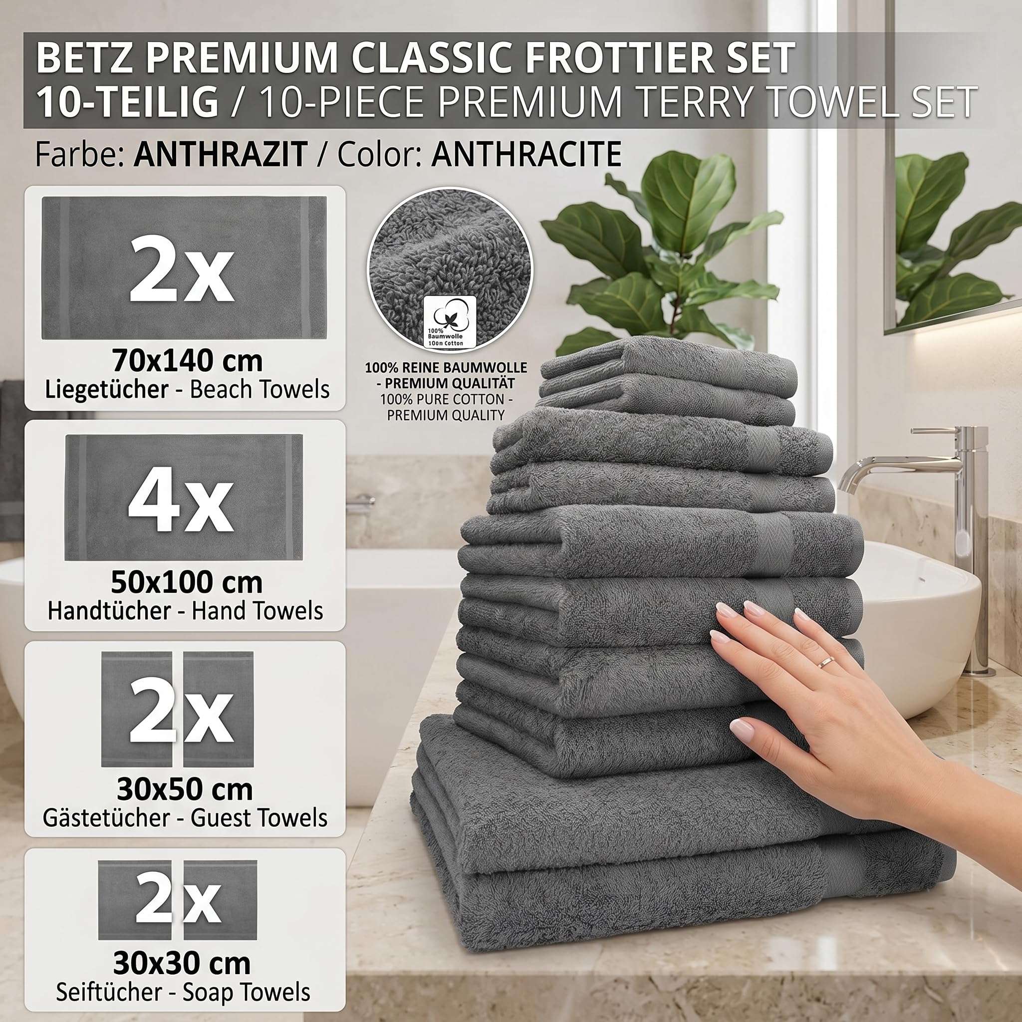Betz Premium Classic Frottier Handtuch-Set 10-teilig - 2X Liegetücher - 4X Handtücher - 2X Gästetücher - 2X Seiftücher - anthrazit