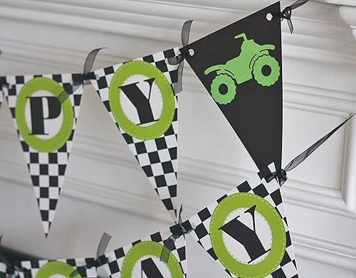 Amazon Com Happy Birthday Pennant Flag Checkered Flag Black Lime Green 4 Wheeler Atv 4 Wheel Dune Buggy Theme Banner Matching Items Available Signs Favor s Cupcake Toppers Etc Handmade Products