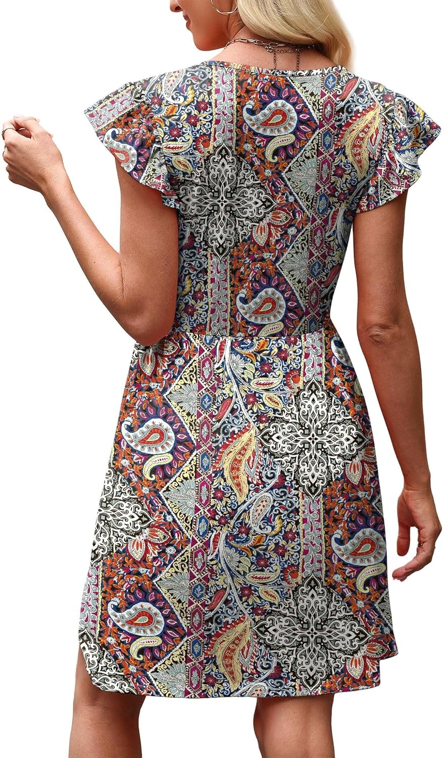 OFEEFAN Summer Dresses for Women Beach Vacation Clothes V Neck Ruffle Sleeve Babydoll Dress Elegant Classy Sundress - Image 5