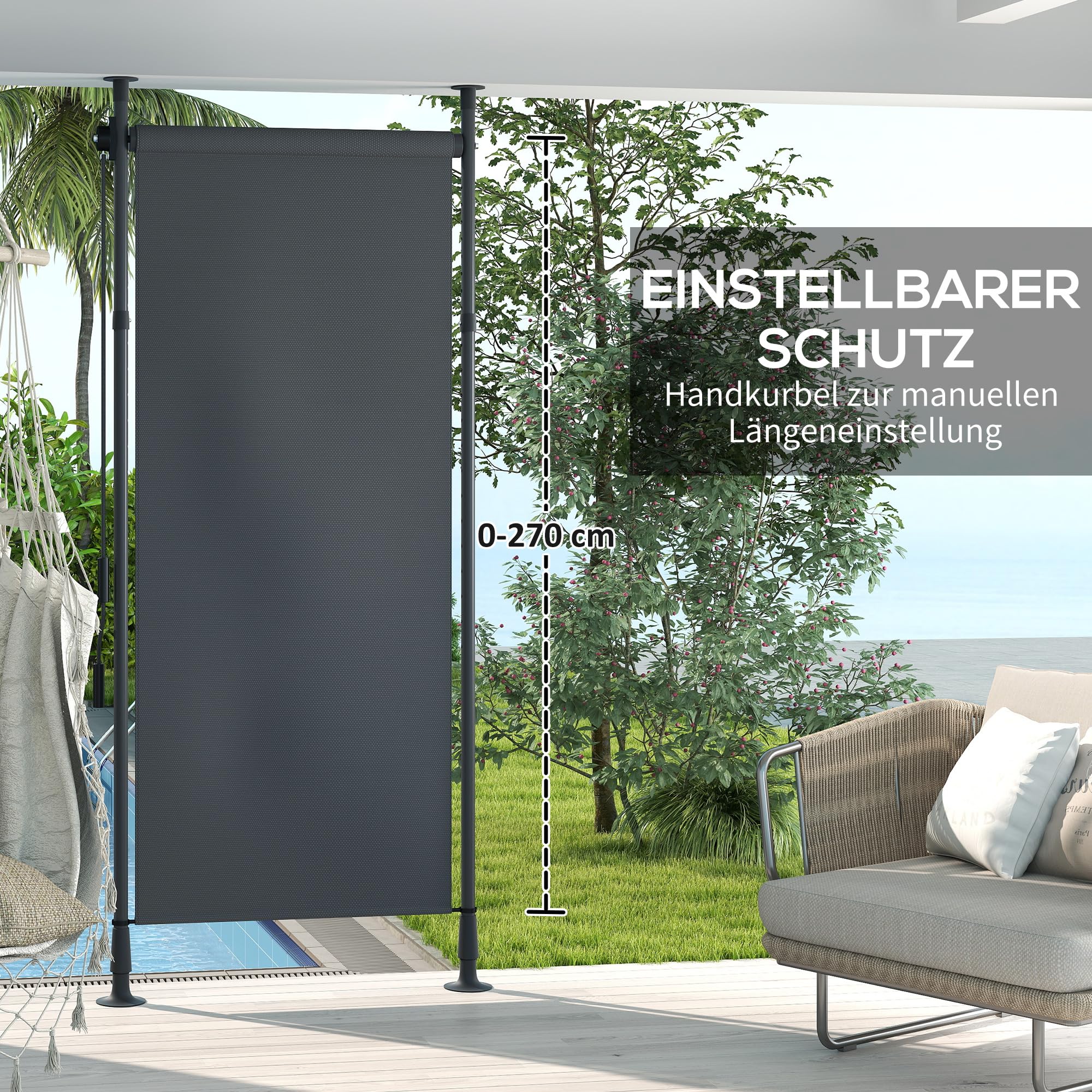 Outsunny Markiza pionowa z ochroną przed słońcem, roleta balkonowa, 120 x 220-310 cm, ochrona przed spojrzeniami, z korbą, odporna na warunki atmosferyczne, z poliestru, ciemnoszara