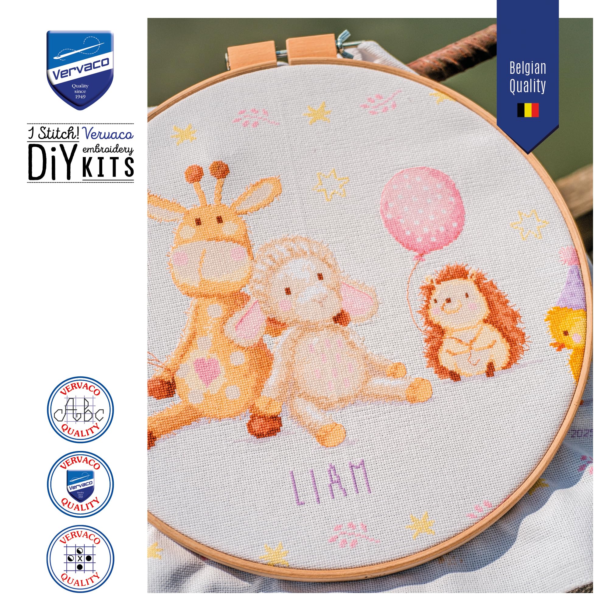 VERVACO Haft Krzyżykowy Liczony Zestaw Metryczka dla Dziecka ZWIERZĘCA IMPREZA Pamiątka Narodzin Zrób to Sam Zestaw Kreatywny dla Dorosłych 51 x 40 cm Dekoracje Ścienne Pokój Dziecka Cross Stitch