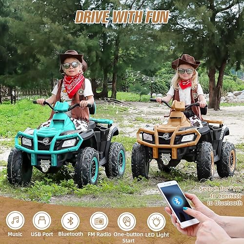 Miniatura 5 de ELEMARA ATV de 2 plazas para niños de 4 ruedas con batería de 10 AH, 4 mph, 2 puertos de carga, Bluetooth, luces LED, música, radio, 12 V alimentado