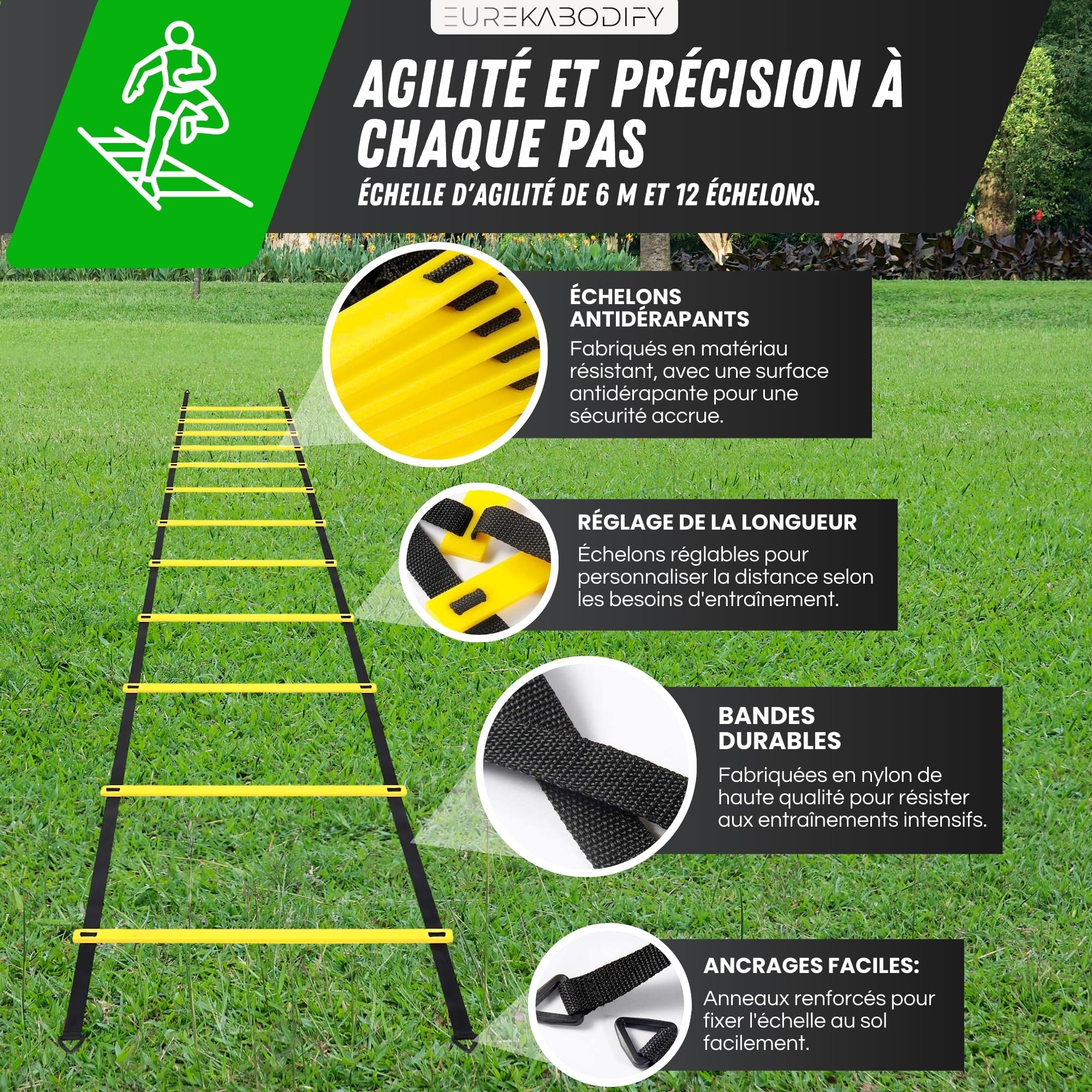 Kit d’Entraînement Football et Agilité - 10 Cônes d’Entraînement - Échelle d’Agilité 6m - Parachute d’Entraînement - 3 Bandes de Résistance - Corde à Sauter - Sac de Transport