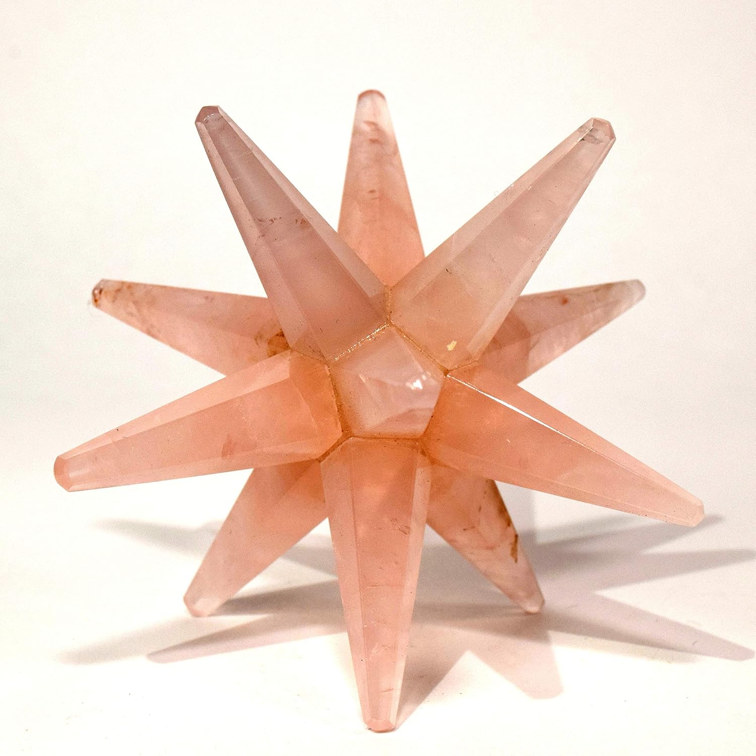 HC Set: 3.2" Rose Quartz 12 Point Merkaba Star Pink Sparkling Natural Mineral Handcrafted Crystal Sacred Geometry Stone Star - India + One Polished Clear Quartz Cabochon