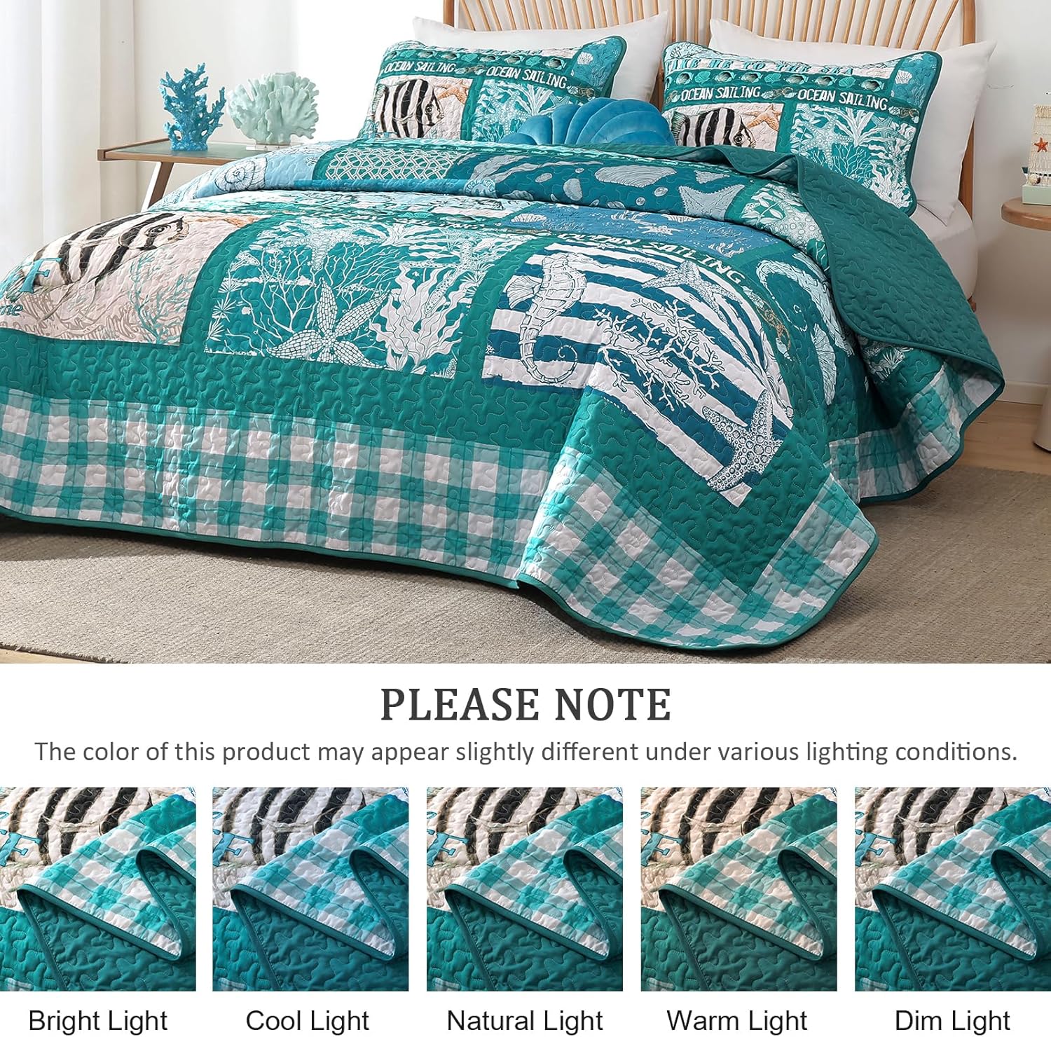 Beach Quilt Set Queen Size 3 Piece,Summer Coastal Bedspread Coverlet Lightweight Green Ocean Theme Plaid Patchwork Bedding Set with Shams,Reversible Microfiber Comforter Set for All Season - Image 8
