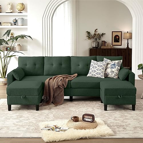 Miniatura 12 de Sofá Seccional Convertible de 101", Sofá en Forma de U, Sofá de 4 Plazas con Otomana de Almacenamiento, Cómodos Sofás Seccionales de Tela de Lino